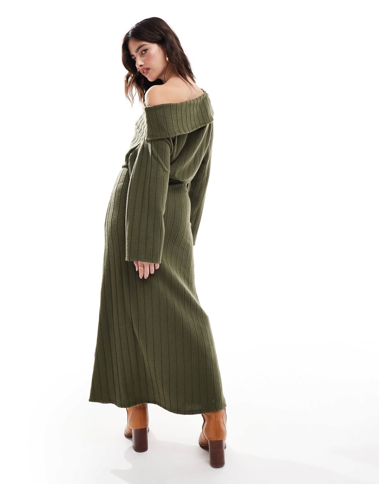 ASOS DESIGN fallen shoulder ribbed midi dress in khaki