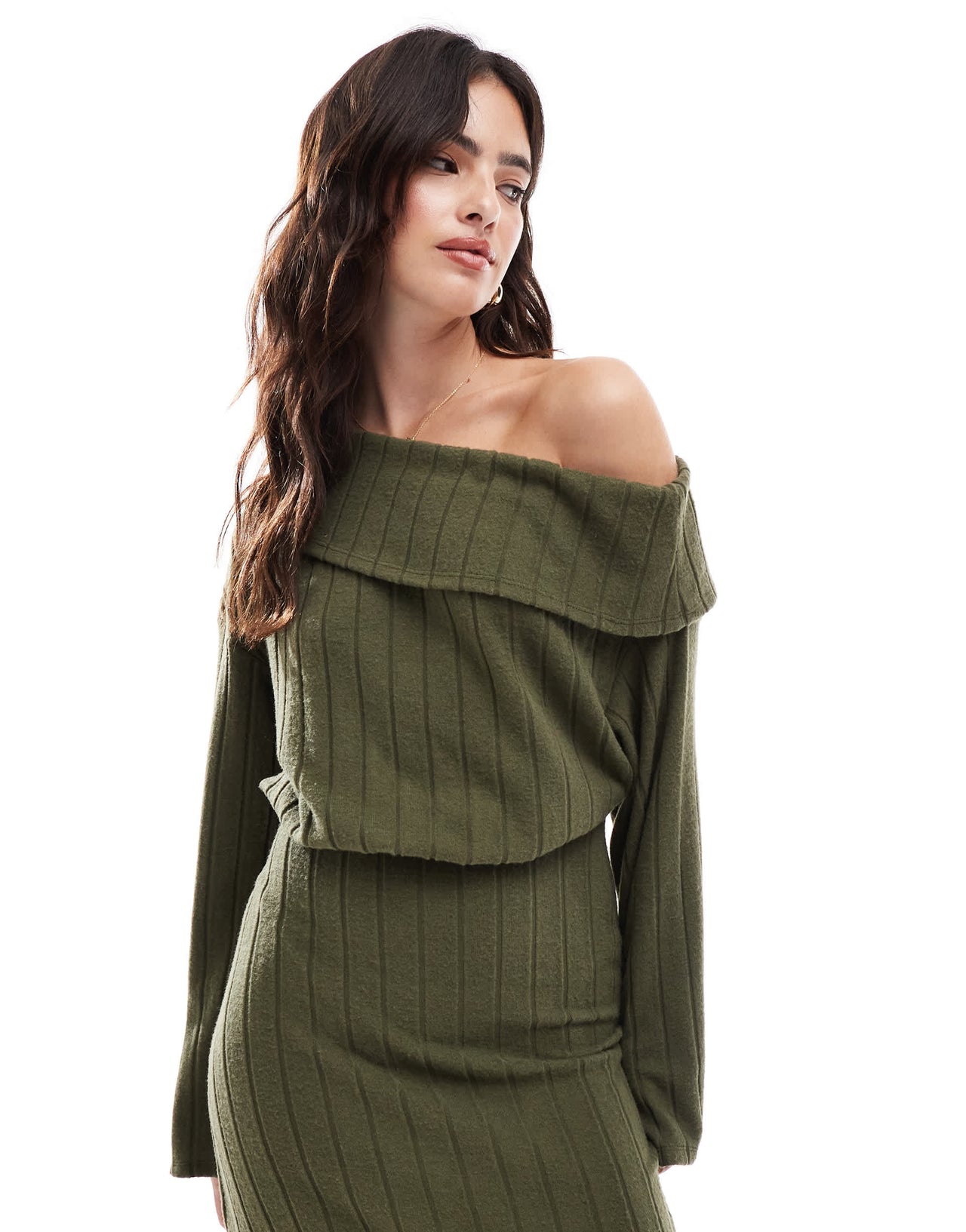 ASOS DESIGN fallen shoulder ribbed midi dress in khaki