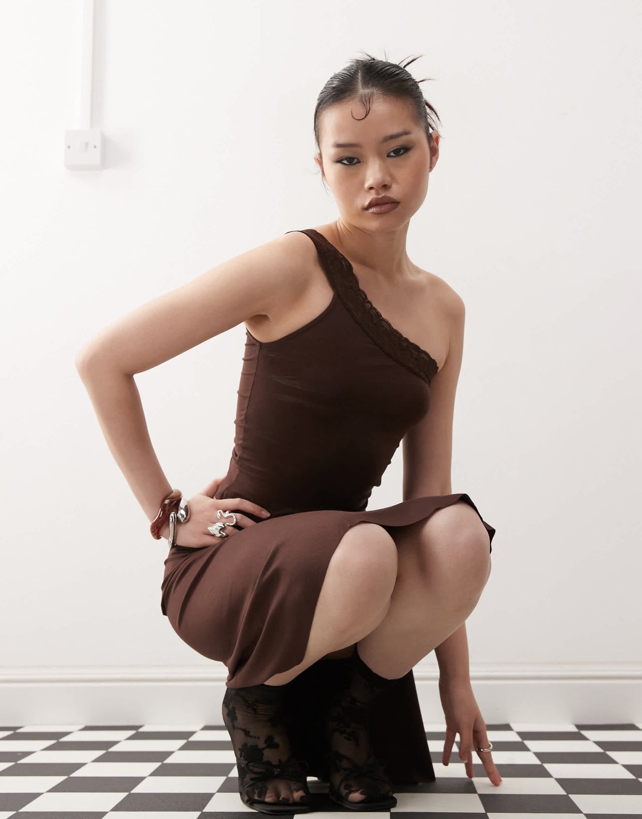 Motel Cordia one shoulder co-ord top in bitter chocolate