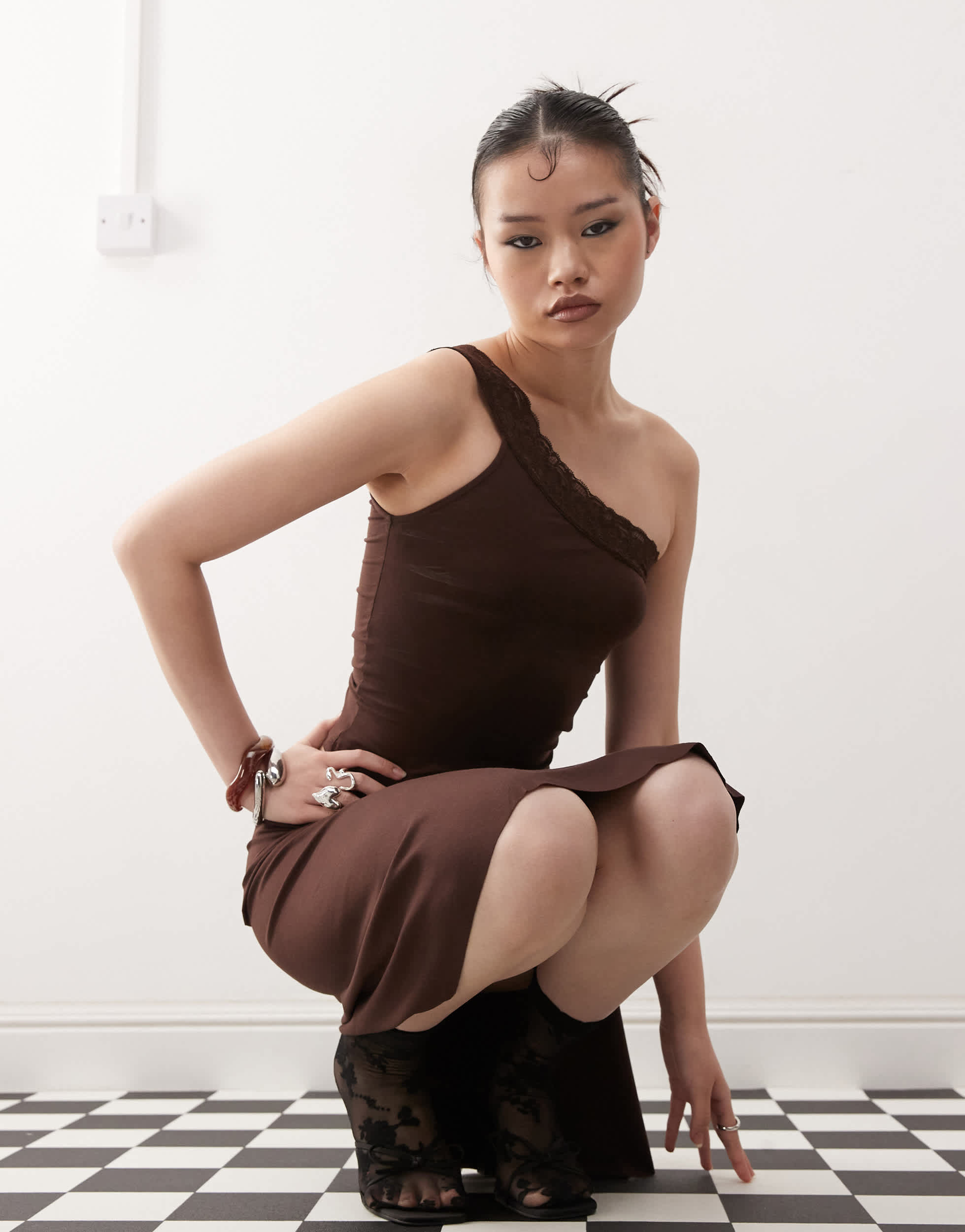 Motel Cordia one shoulder co-ord top in bitter chocolate