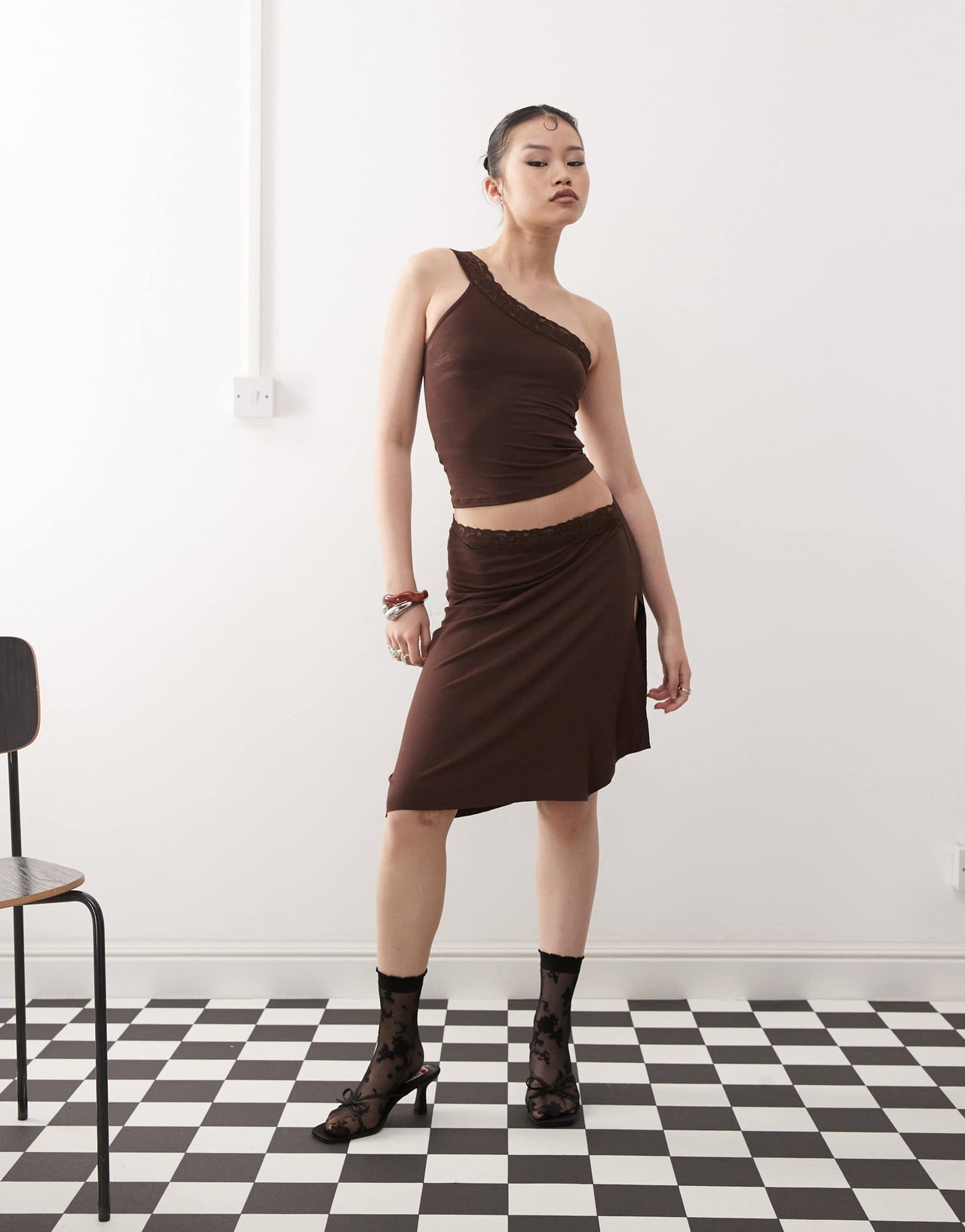 Motel Cordia one shoulder co-ord top in bitter chocolate