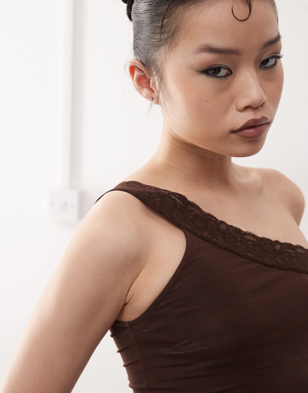 Motel Cordia one shoulder co-ord top in bitter chocolate