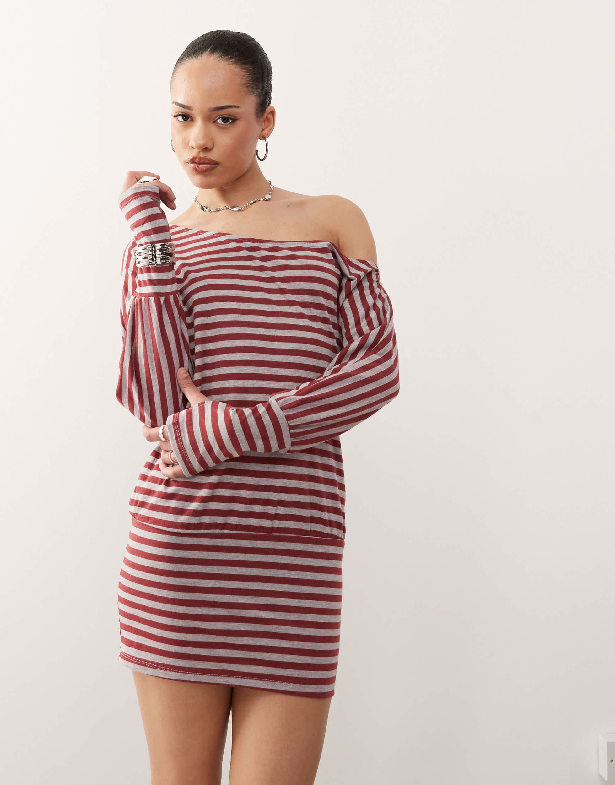 Motel Zylina slouchy stripe mini dress in burgundy grey