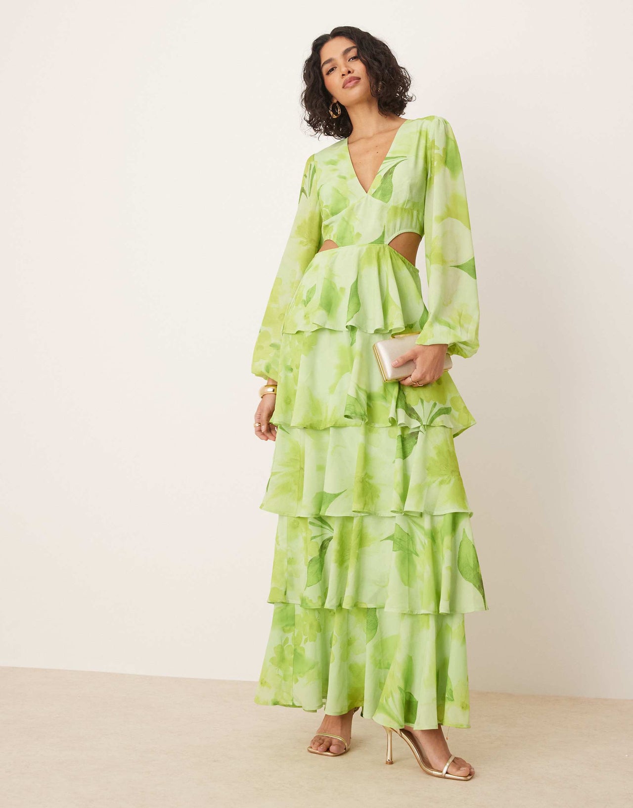 Pretty Lavish cut out tiered ruffle maxi dress in lime floral print