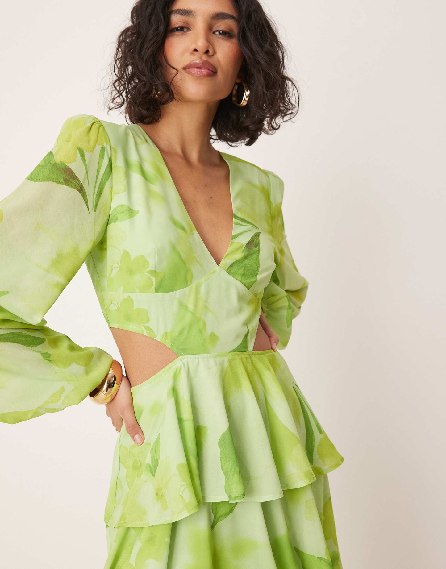 Pretty Lavish cut out tiered ruffle maxi dress in lime floral print
