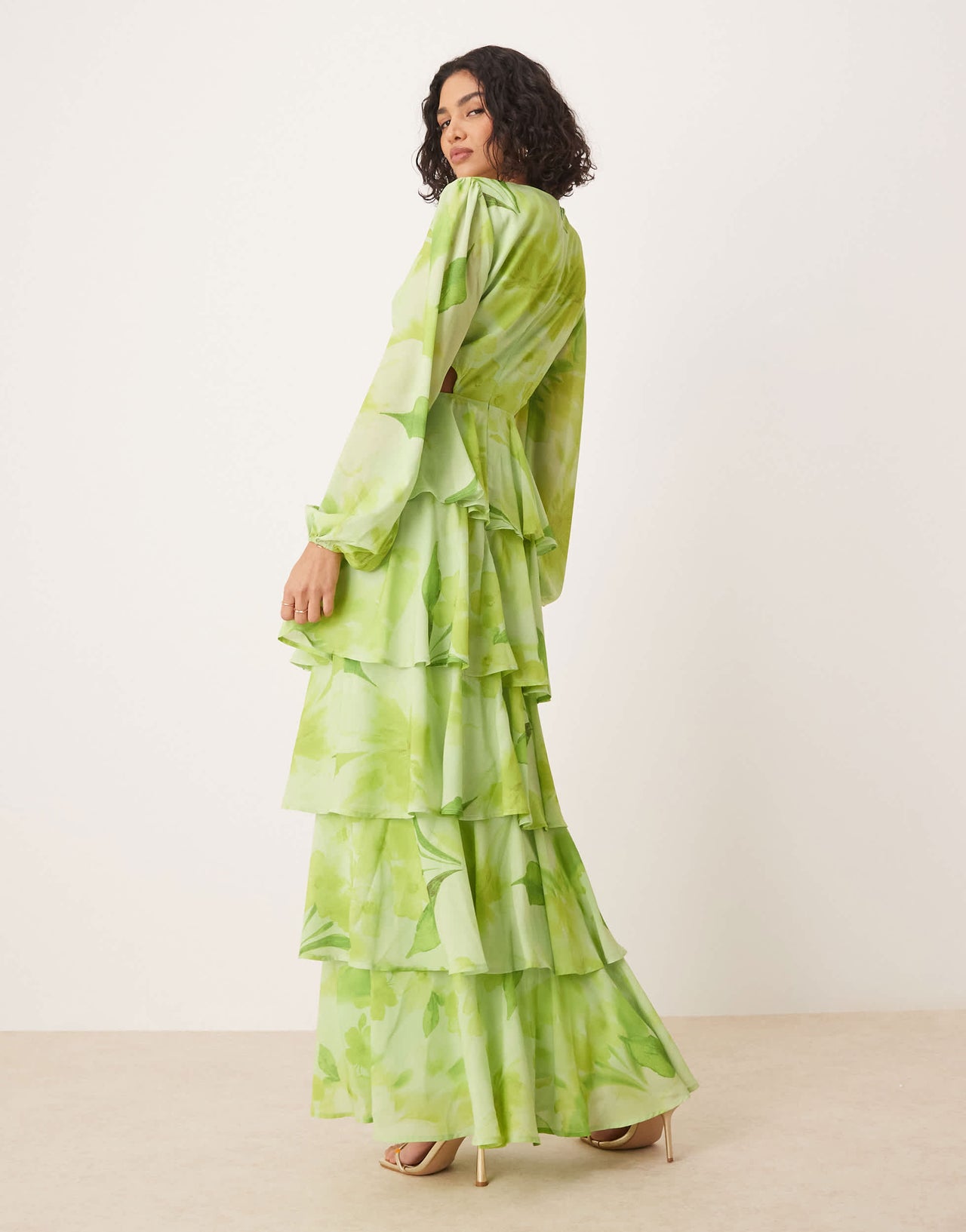 Pretty Lavish cut out tiered ruffle maxi dress in lime floral print