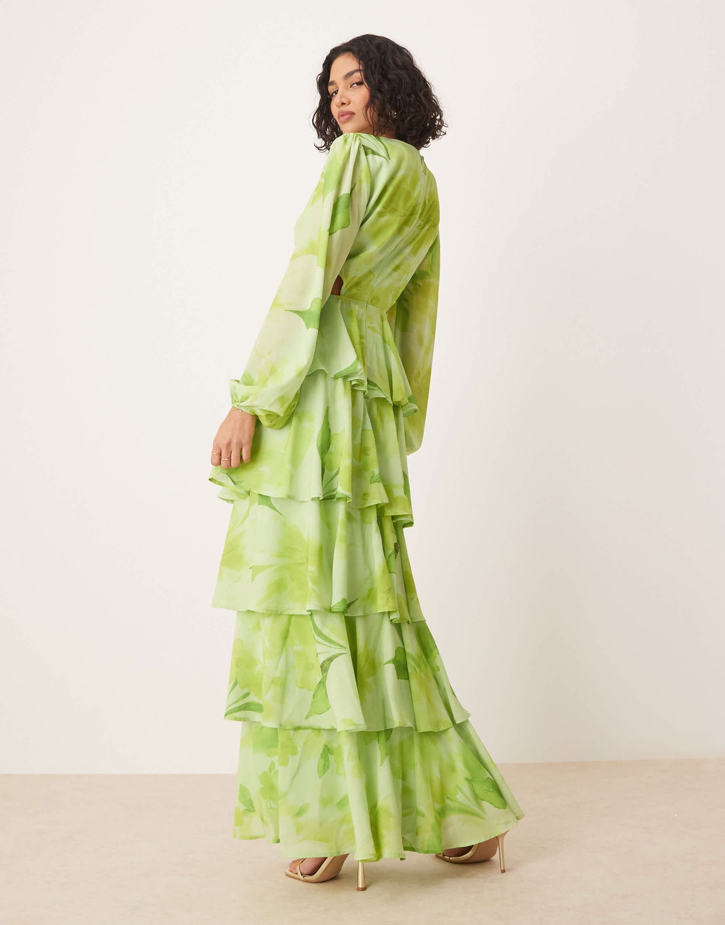 Pretty Lavish cut out tiered ruffle maxi dress in lime floral print