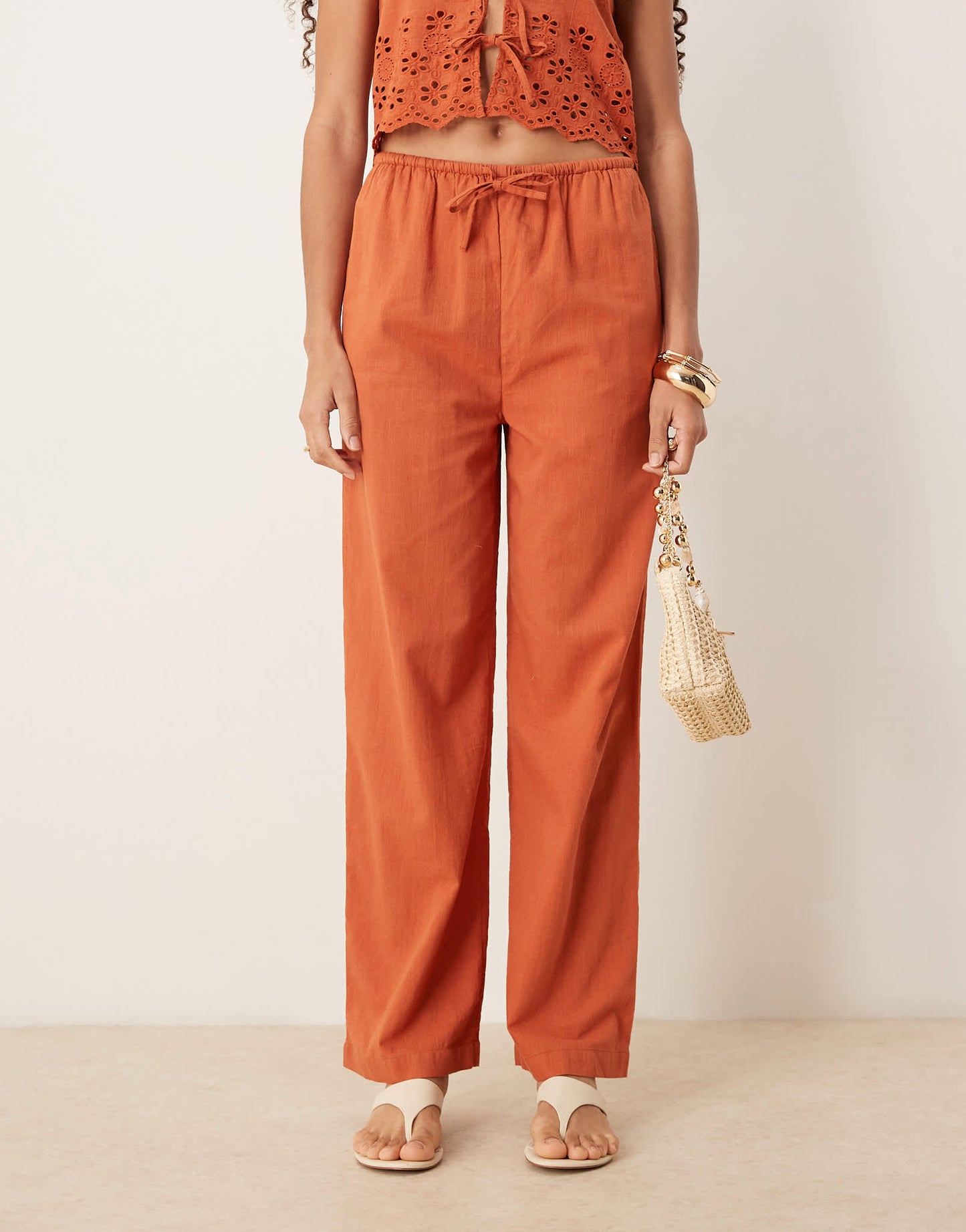 Iisla & Bird ruffle front beach trouser co-ord in rust