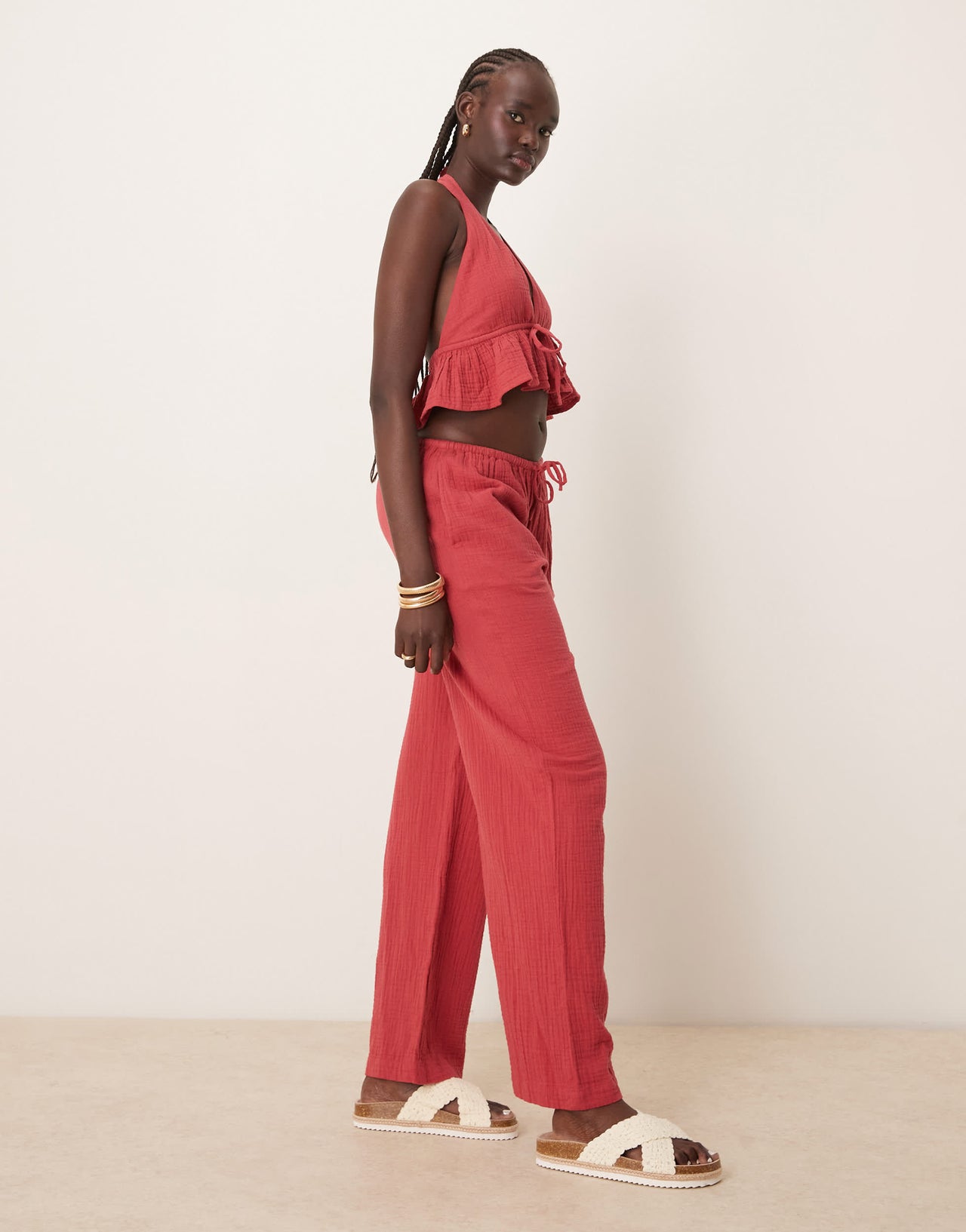 Iisla & Bird skinny waist band beach trouser co-ord in red