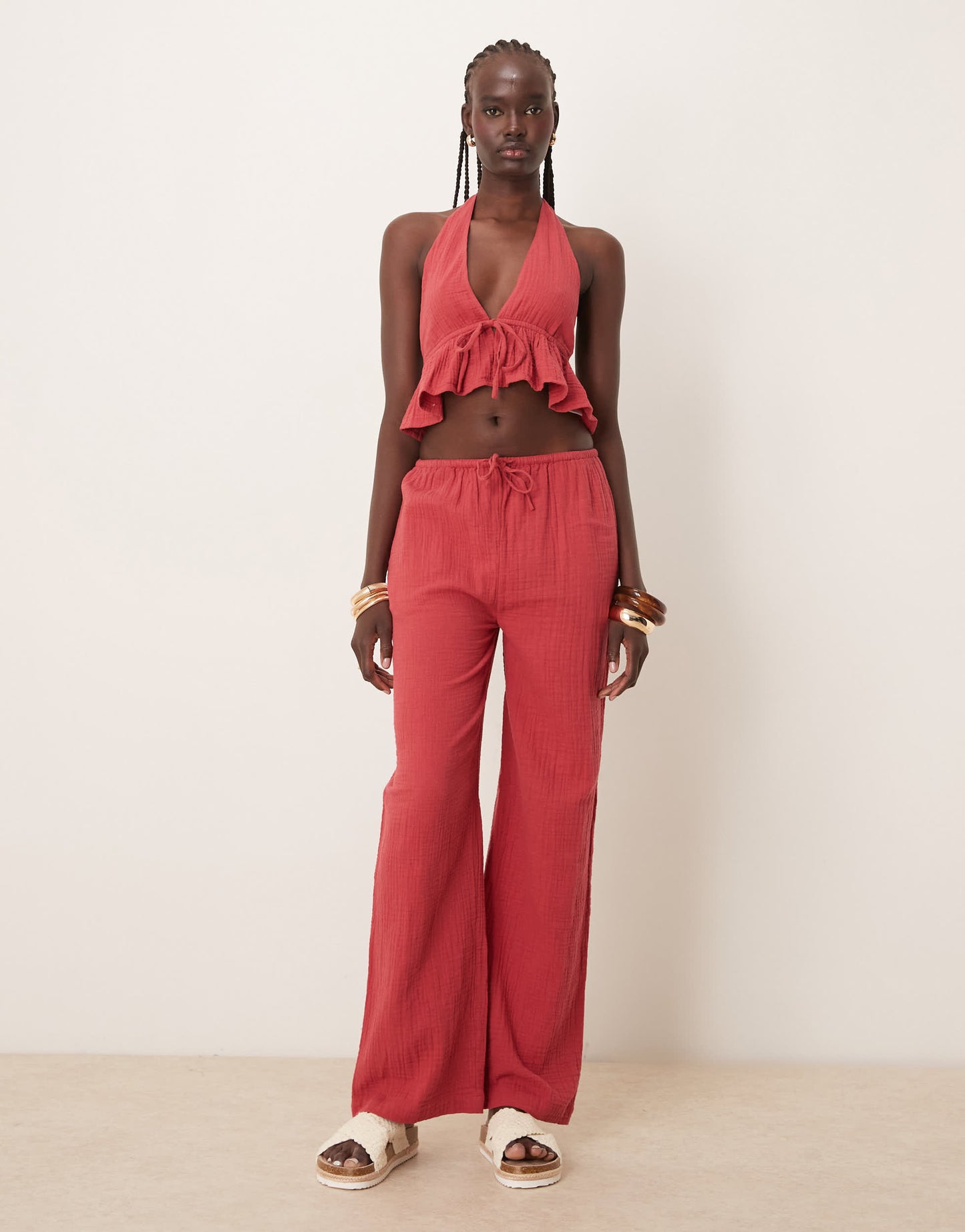 Iisla & Bird skinny waist band beach trouser co-ord in red