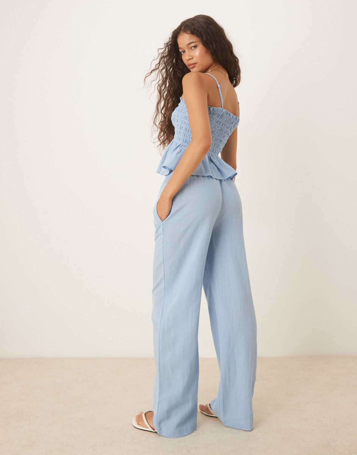 Iisla & Bird skinny waist band beach trouser co-ord in blue