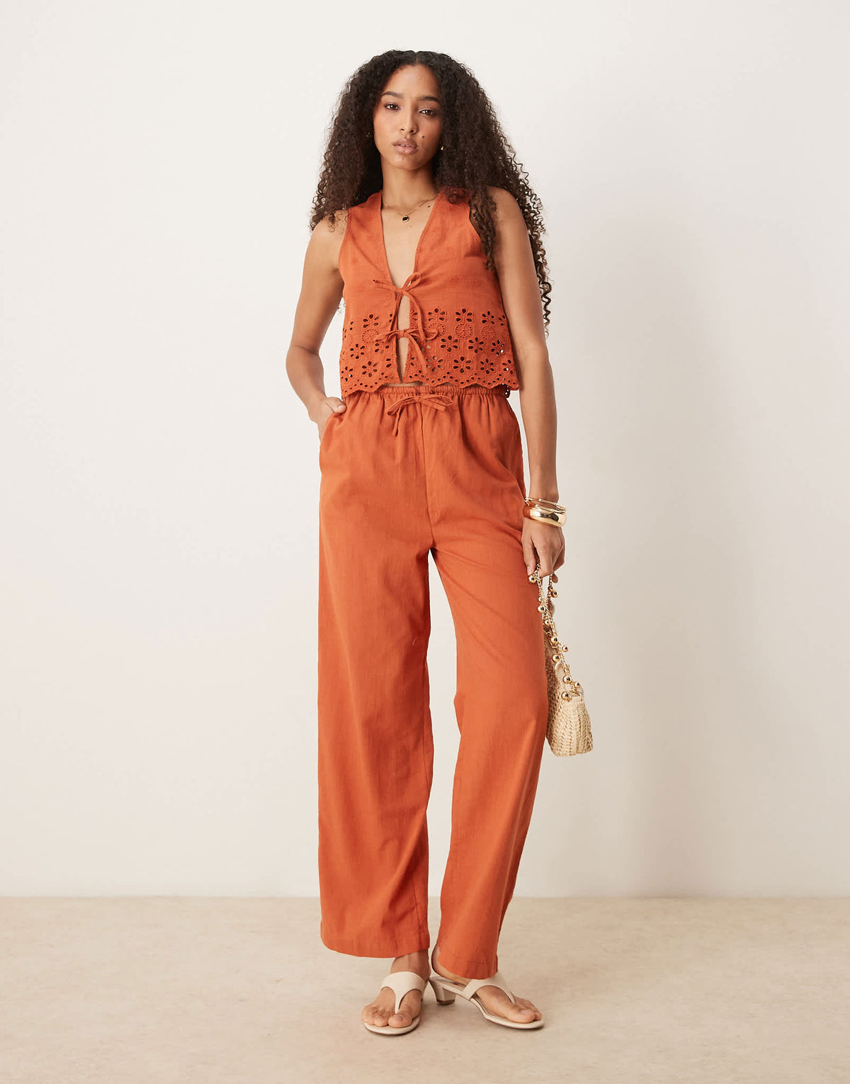 Iisla & Bird ruffle tie front broderie waistcoat co-ord in rust