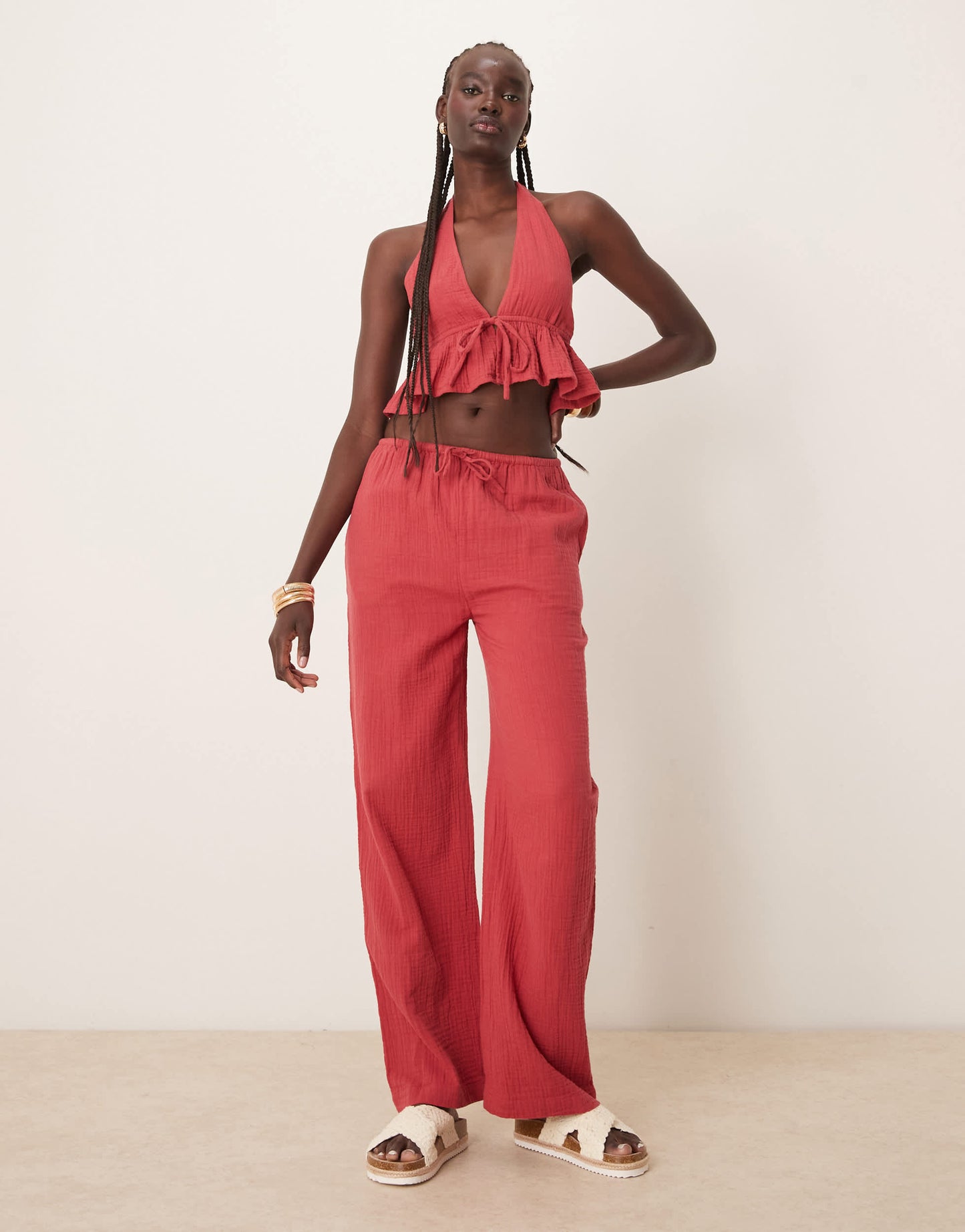 Iisla & Bird tie front beach halter waistcoat co-ord in red