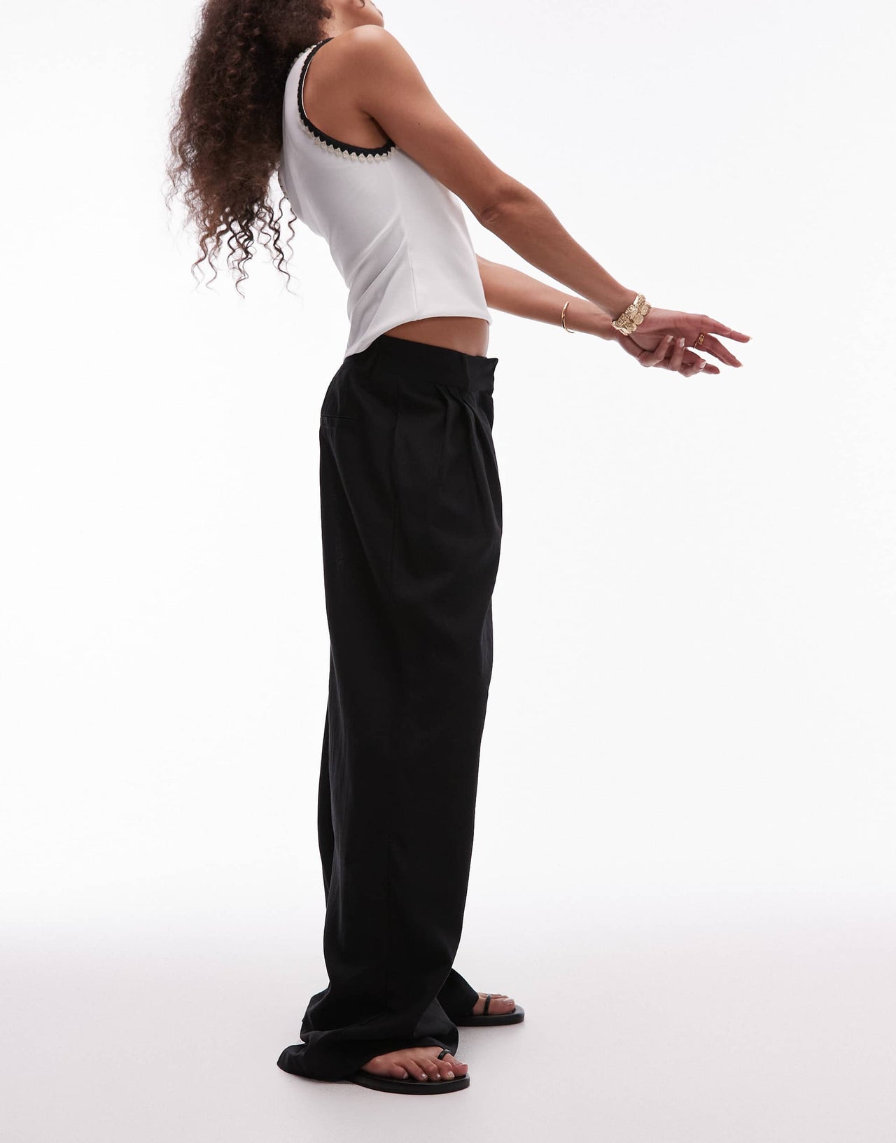 Topshop linen high waist double pleat trouser in black