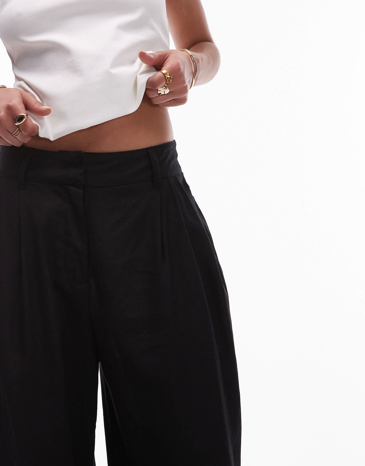 Topshop linen high waist double pleat trouser in black