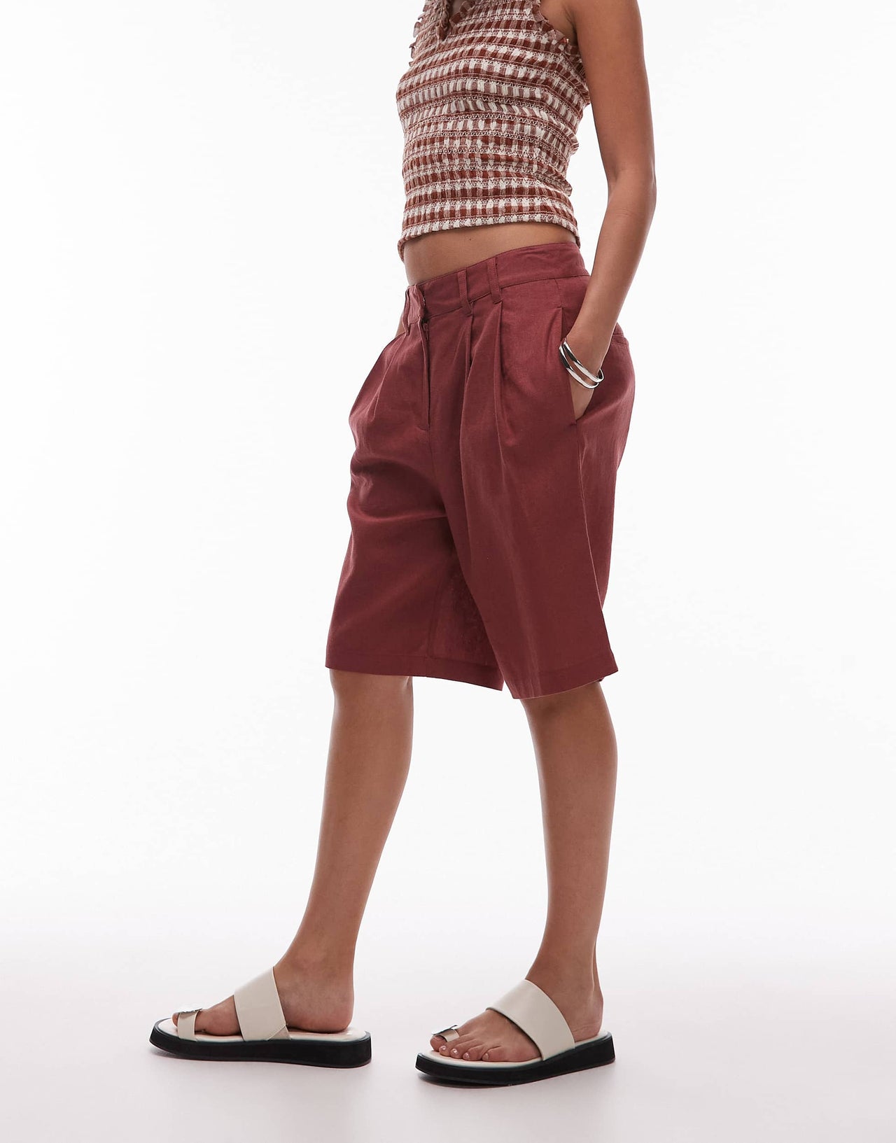 Topshop linen longline short in burgundy