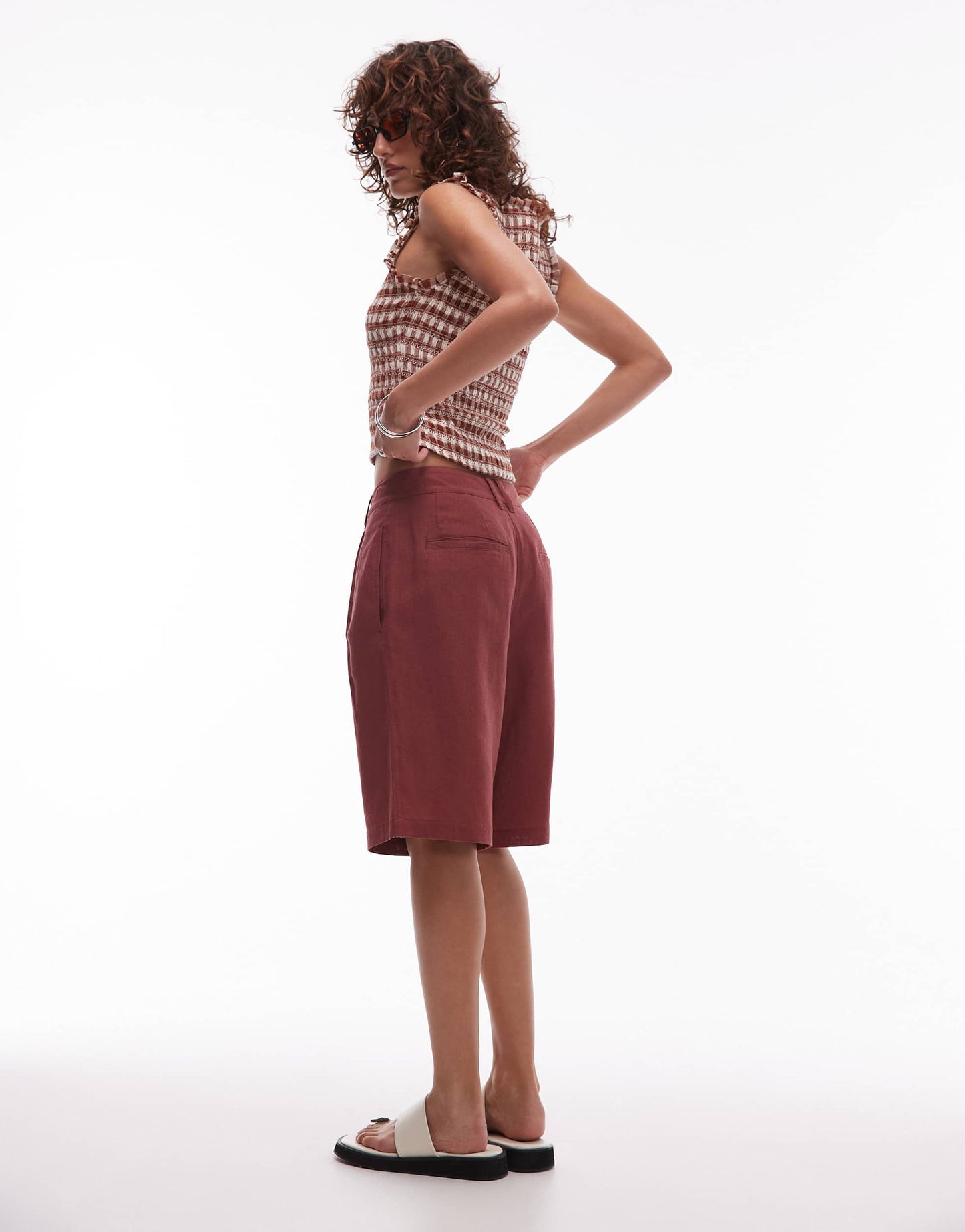 Topshop linen longline short in burgundy