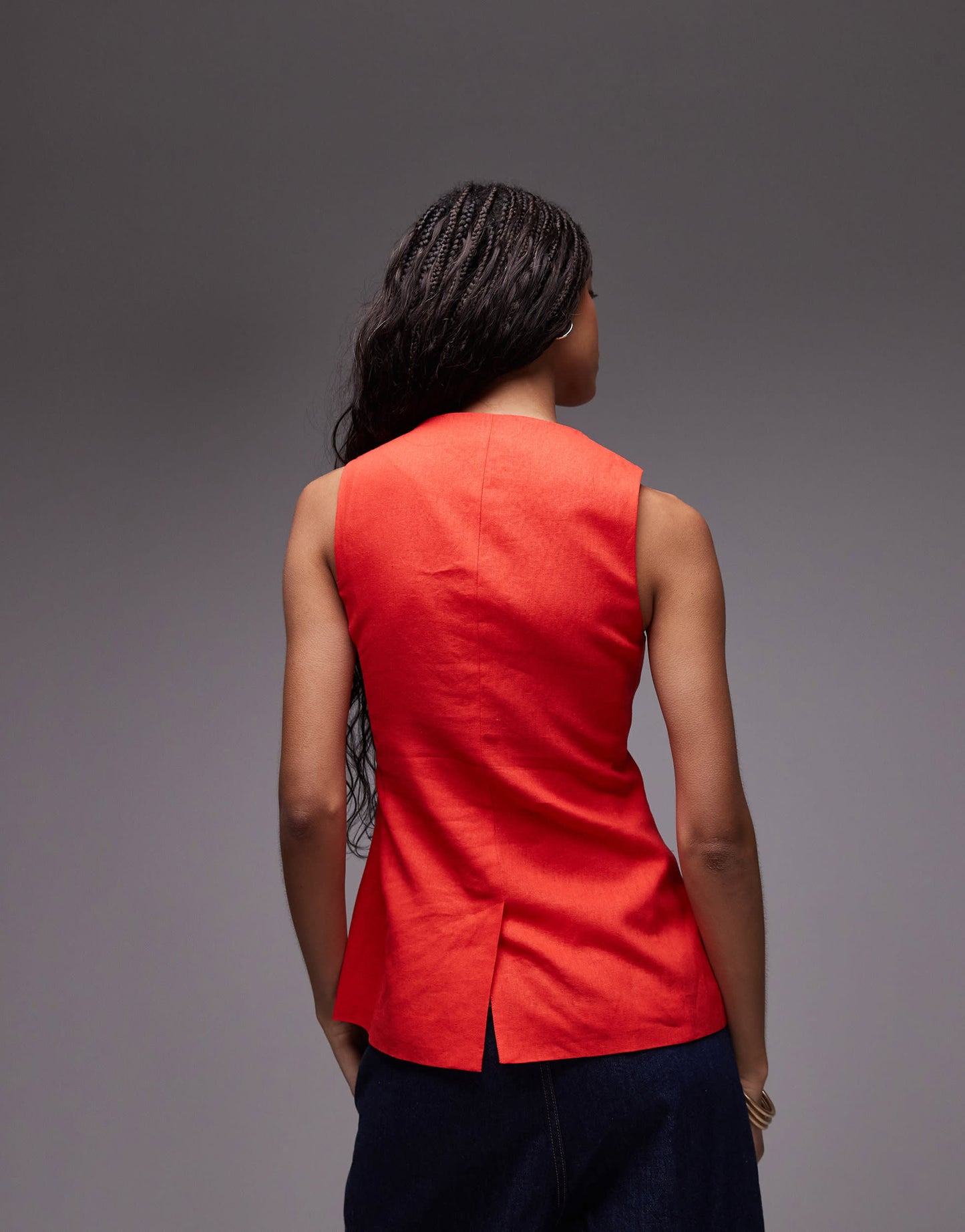 Topshop linen longline fitted waistcoat with pockets in red