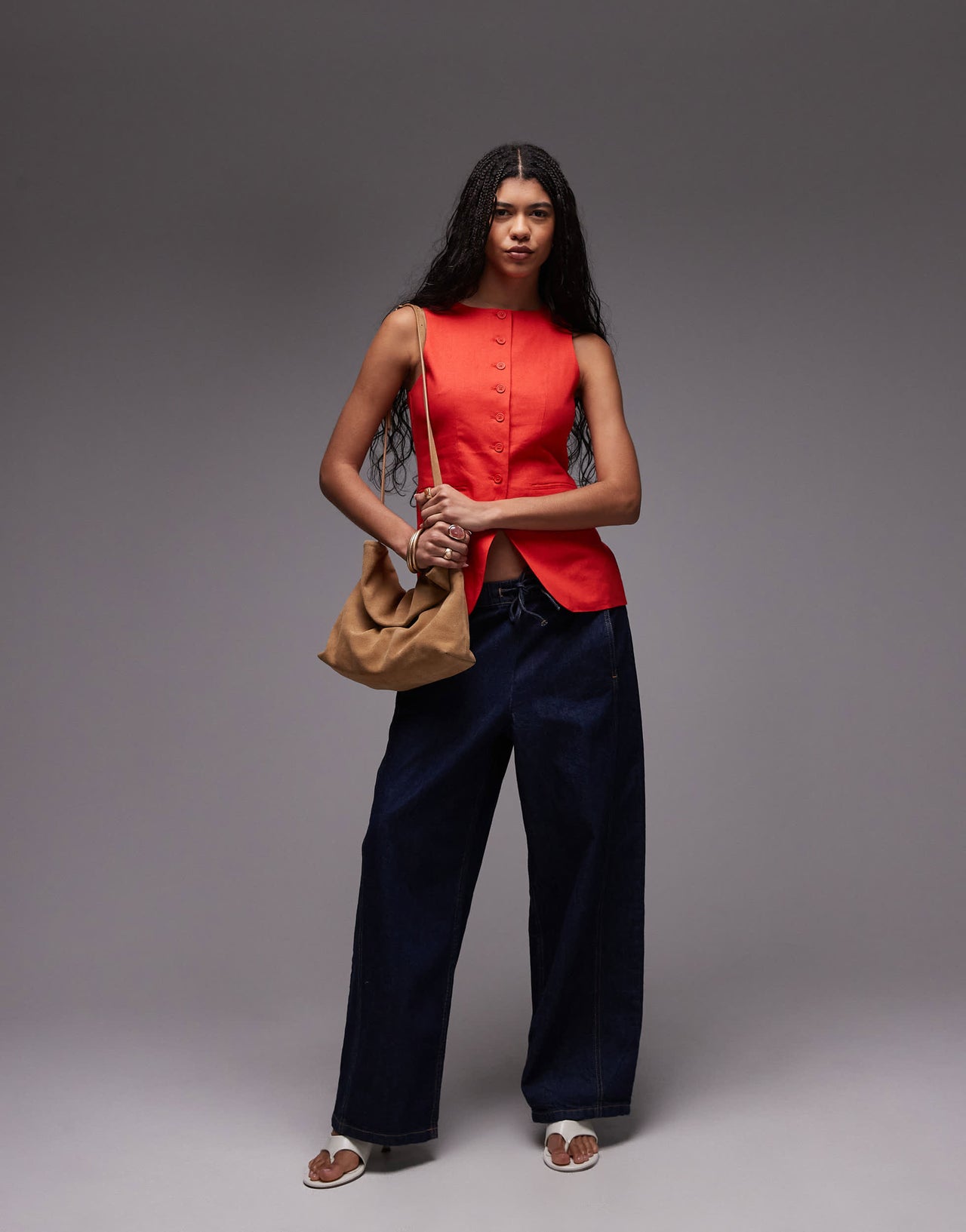 Topshop linen longline fitted waistcoat with pockets in red