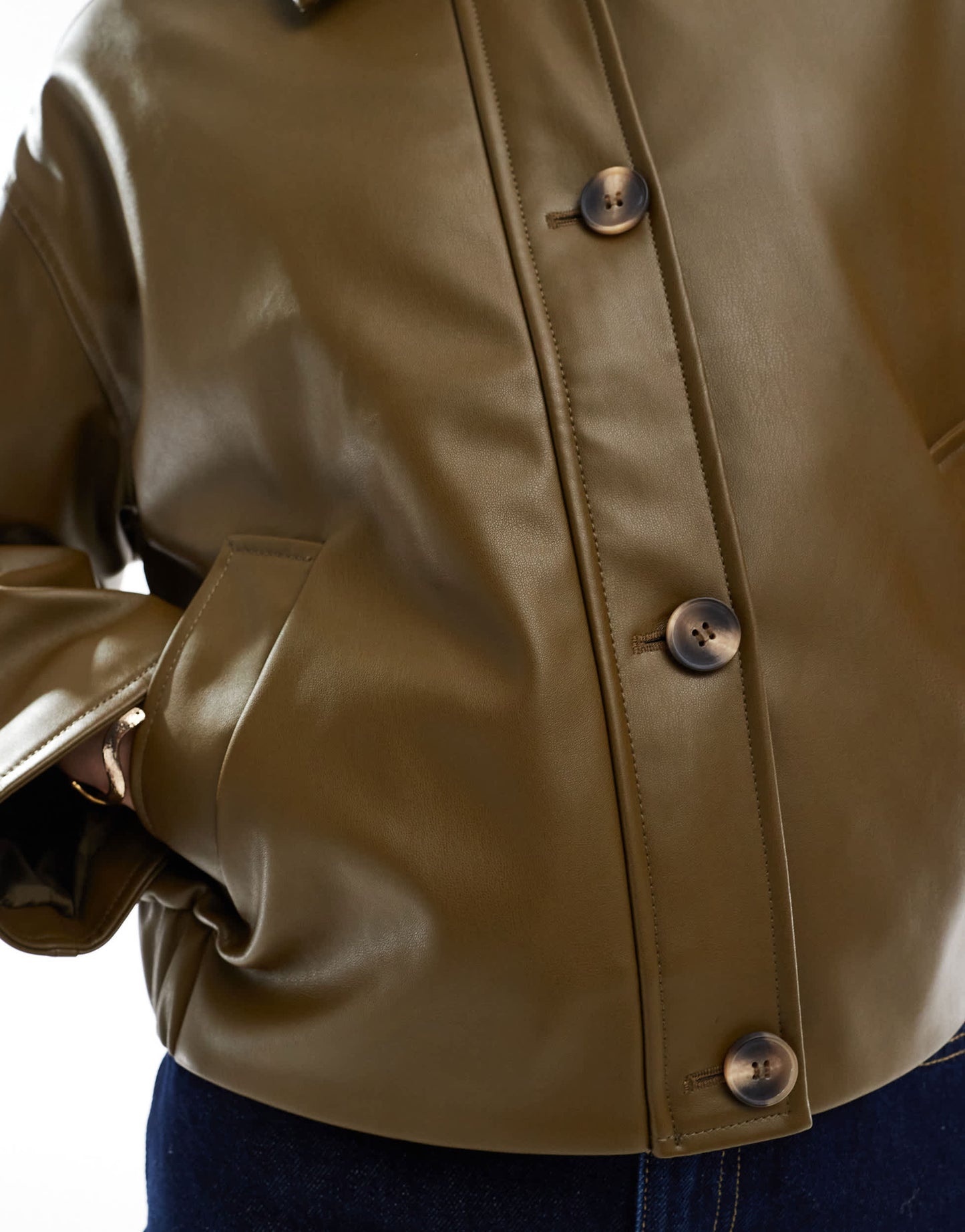 ASOS DESIGN leather look button through jacket in olive