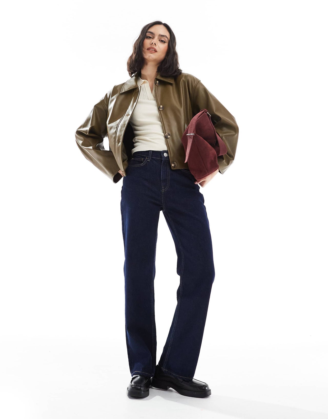ASOS DESIGN leather look button through jacket in olive