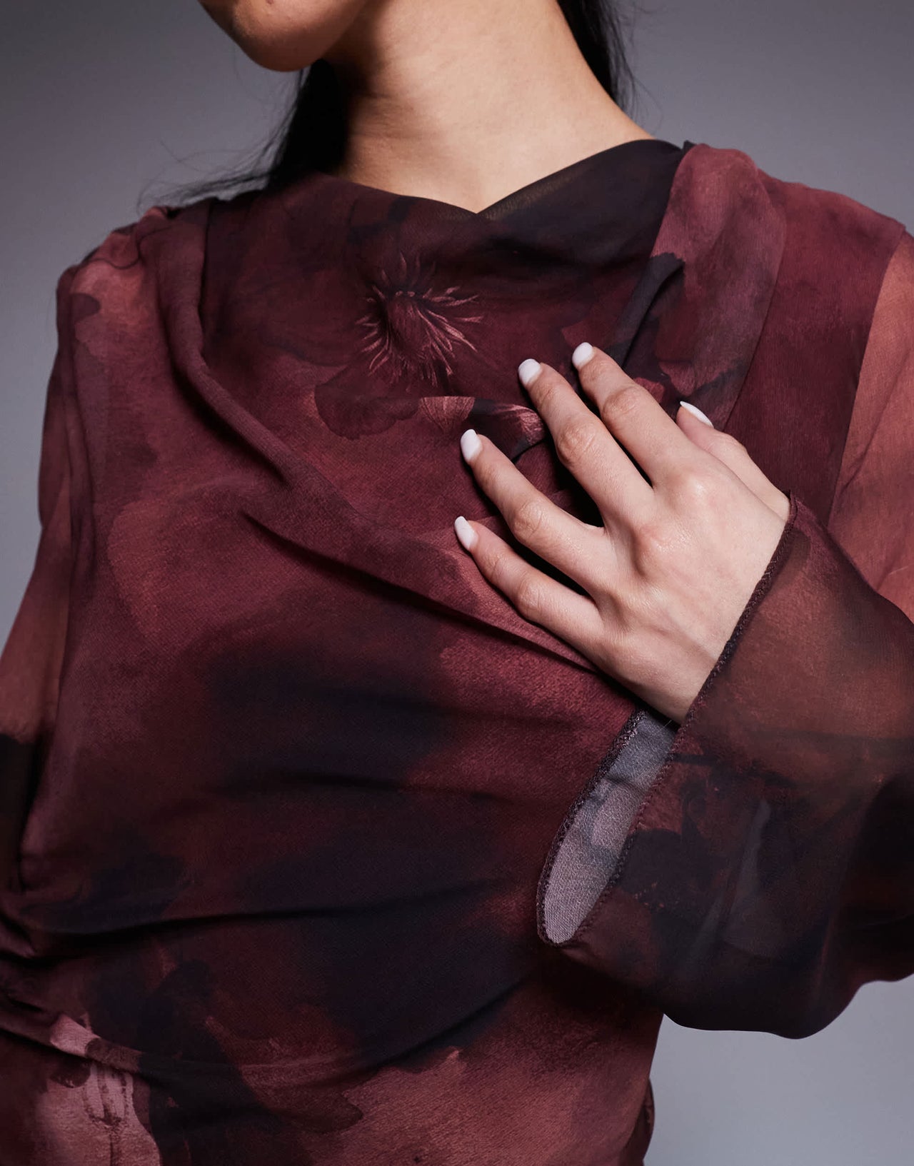 ASOS DESIGN draped asymmetric long sleeve mini dress in burgundy floral print