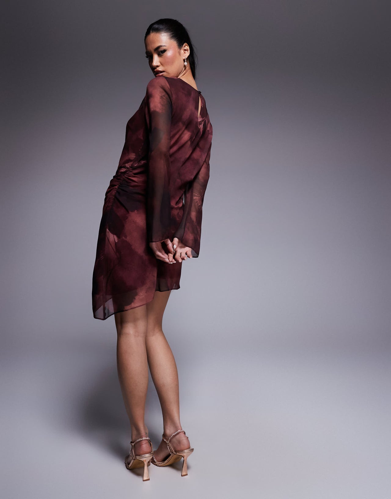 ASOS DESIGN draped asymmetric long sleeve mini dress in burgundy floral print