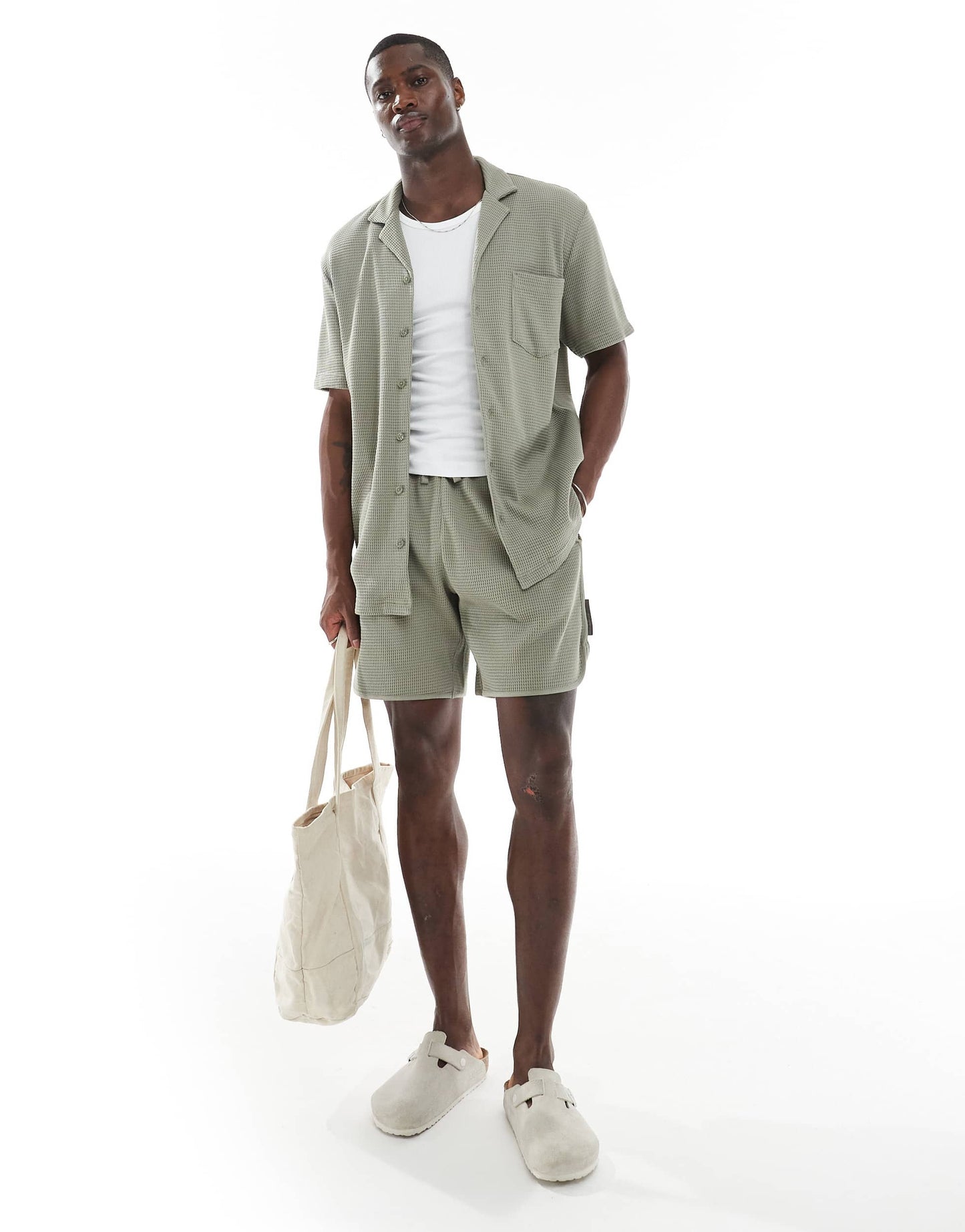 Emporio Armani Bodywear logo lounge waffle shirt in khaki green co-ord