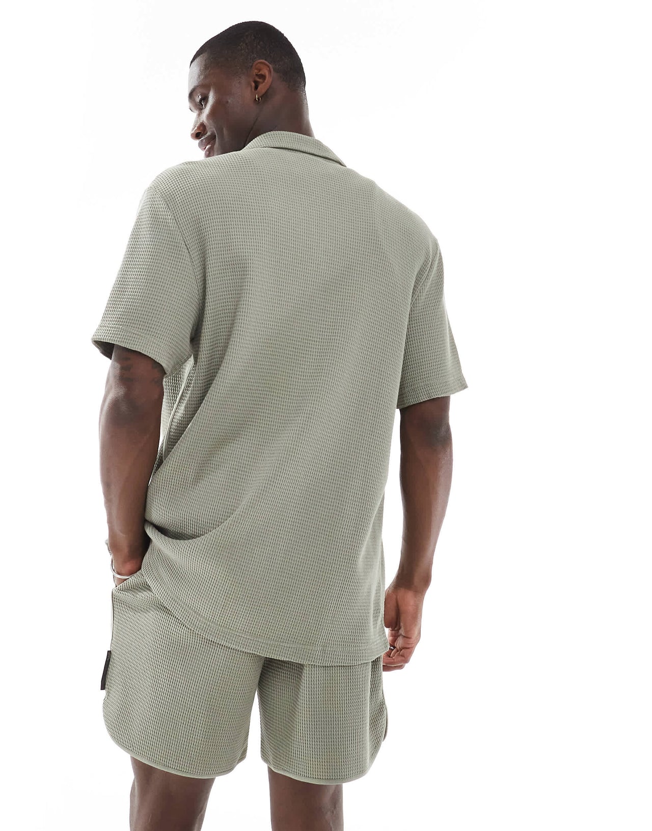 Emporio Armani Bodywear logo lounge waffle shirt in khaki green co-ord