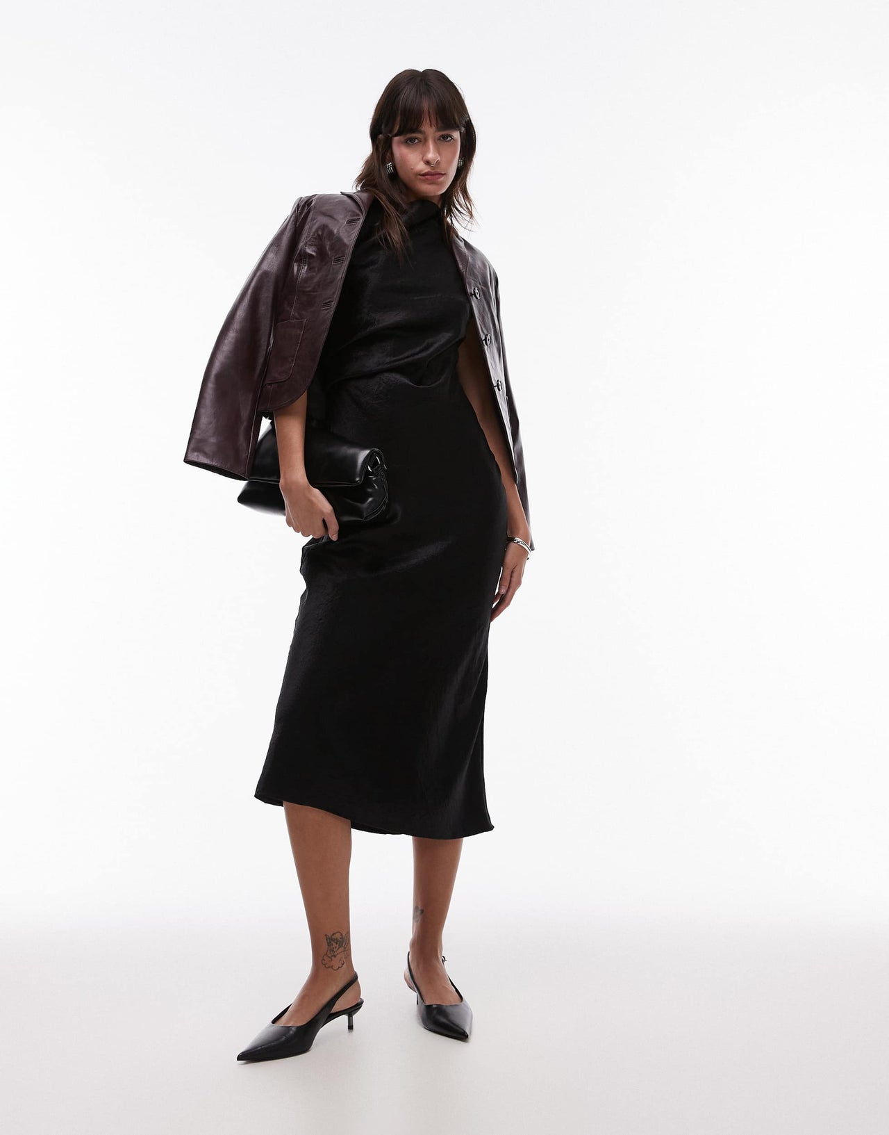 & Other Stories bias cut satin midi dress with drape detail and extended shoulder in black