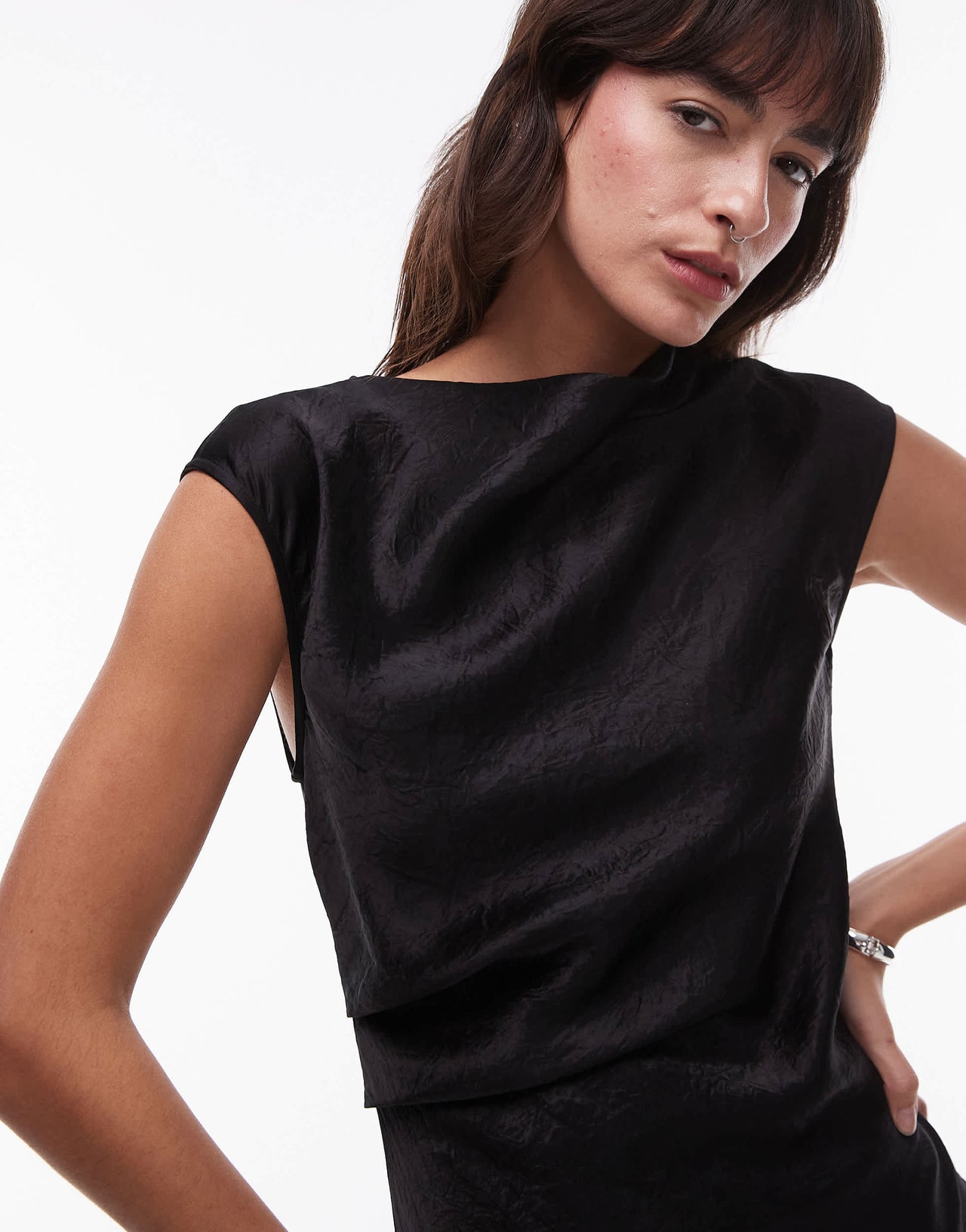 & Other Stories bias cut satin midi dress with drape detail and extended shoulder in black