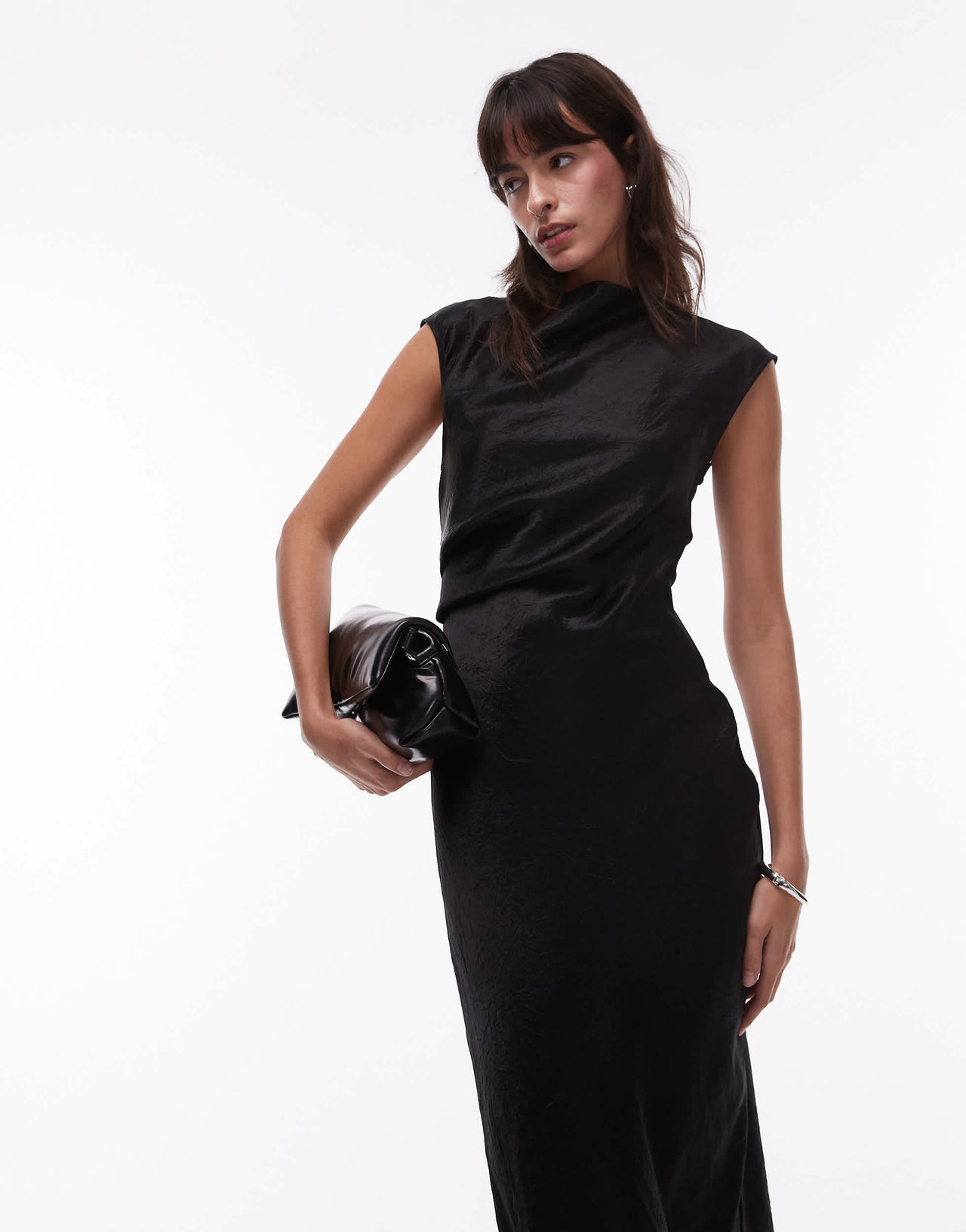 & Other Stories bias cut satin midi dress with drape detail and extended shoulder in black