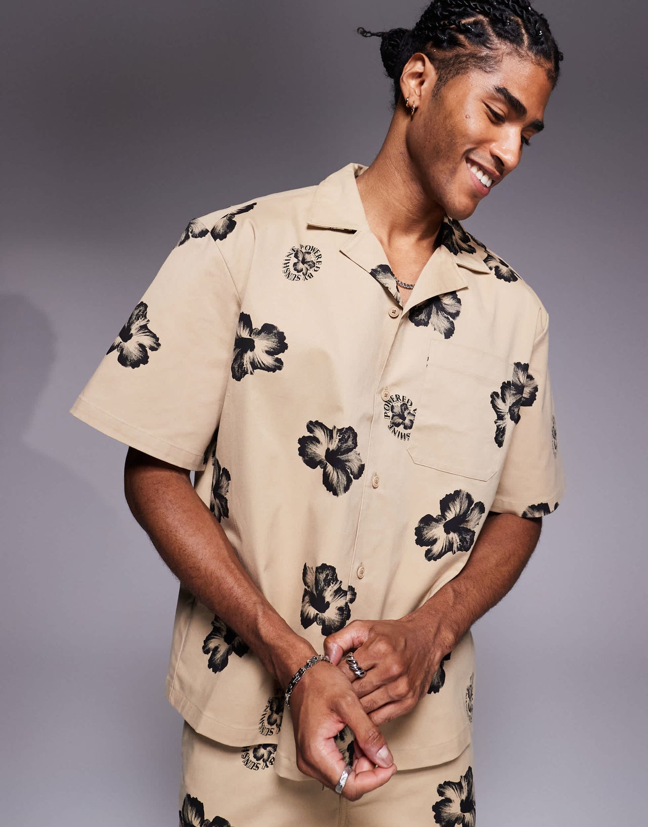 Hugo Blue relaxed fit co-ord shirt in brown with floral print
