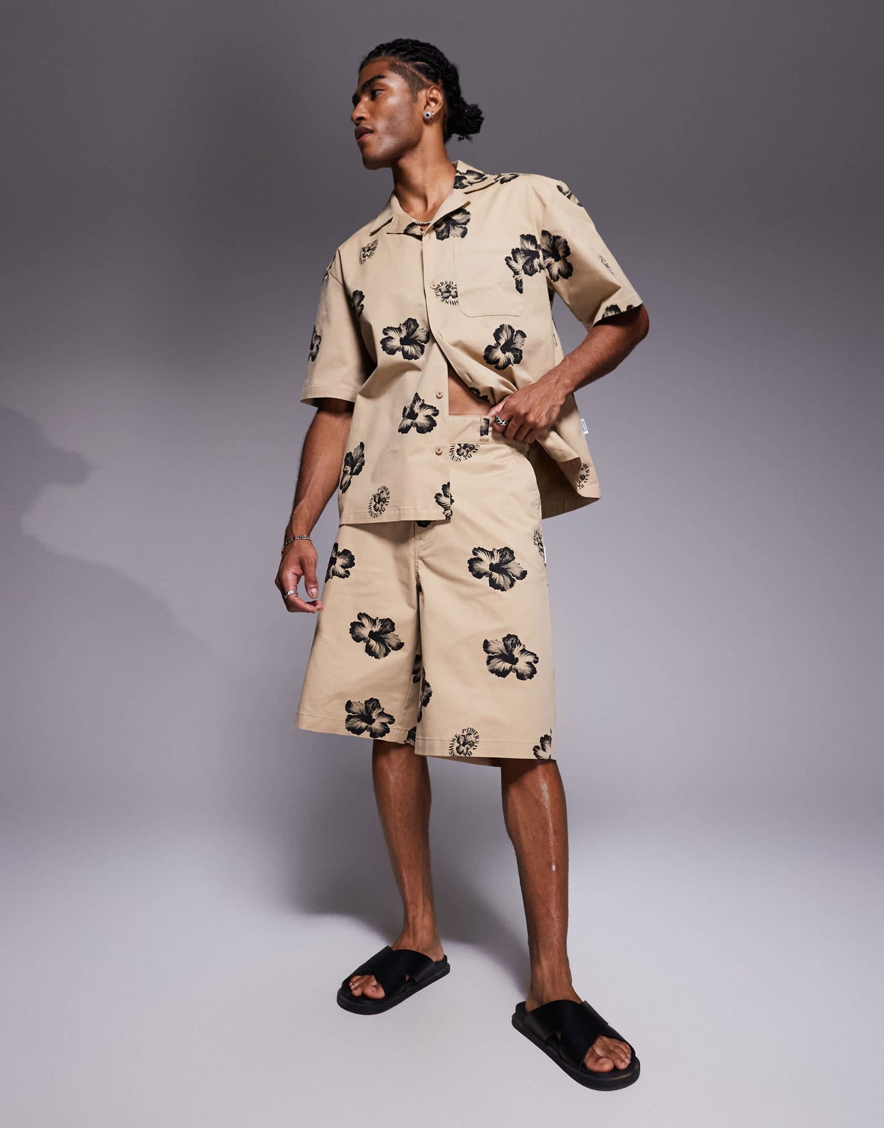 Hugo Blue co-ord baggy fit shorts in brown with floral print