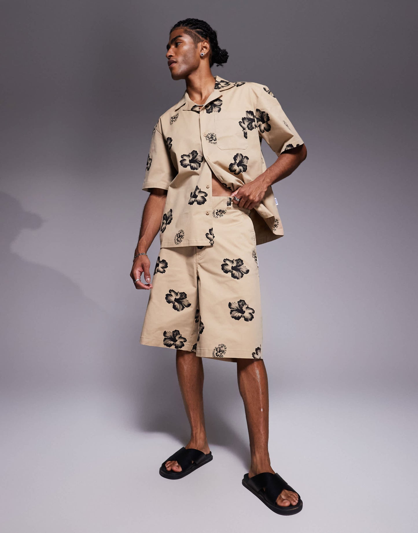 Hugo Blue co-ord baggy fit shorts in brown with floral print