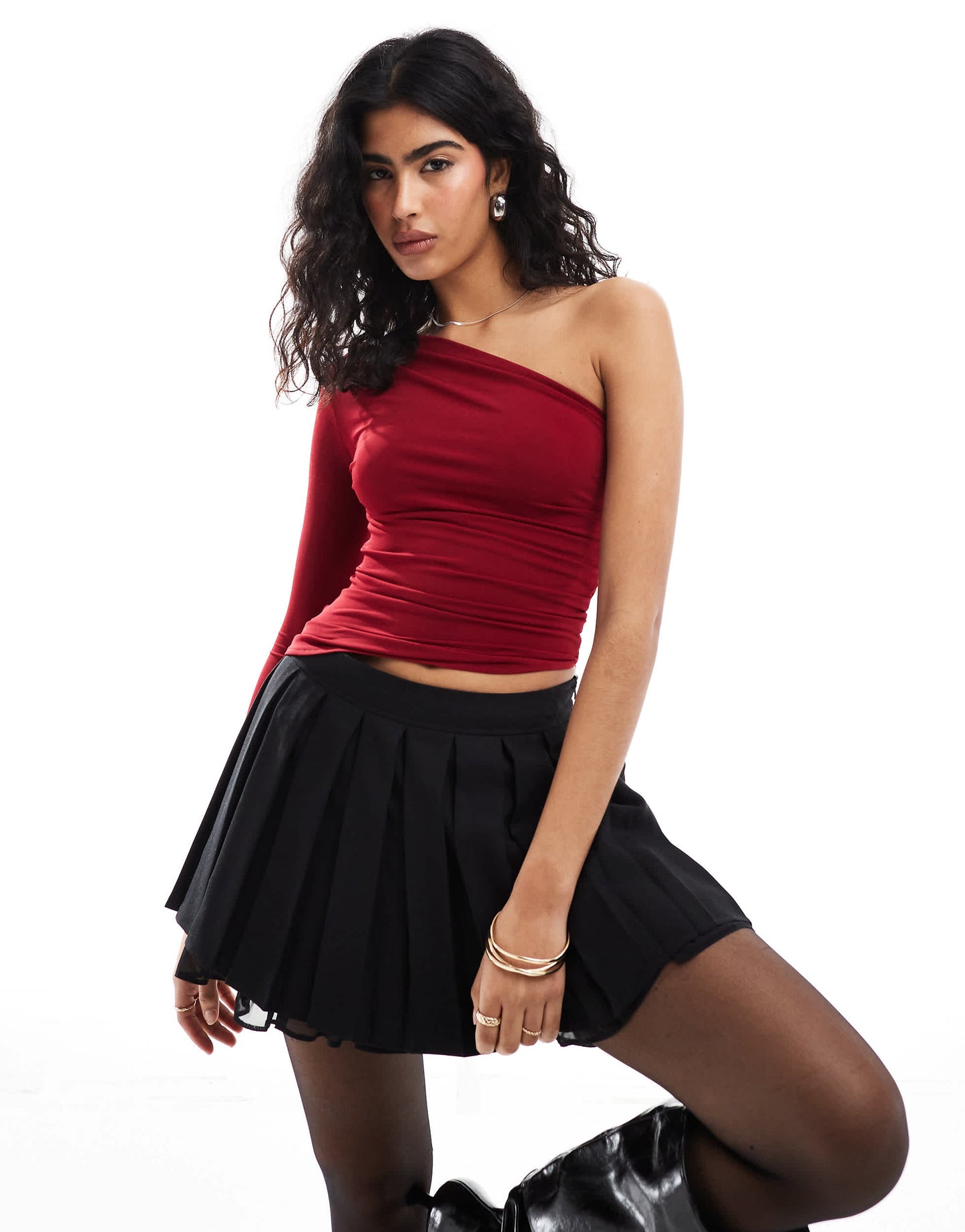 Pull&Bear one shoulder ruched side top in dark red
