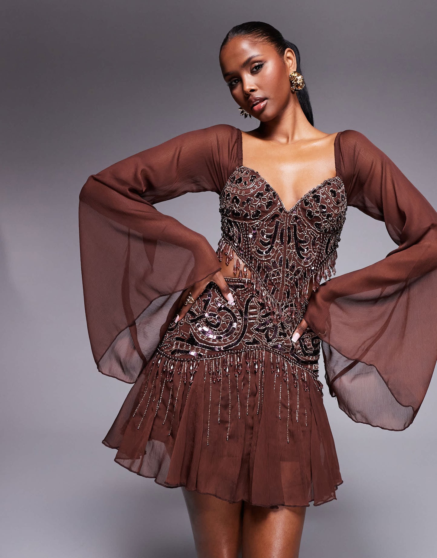 ASOS DESIGN fluted sleeve mini dress with placement embellishment in chocolate