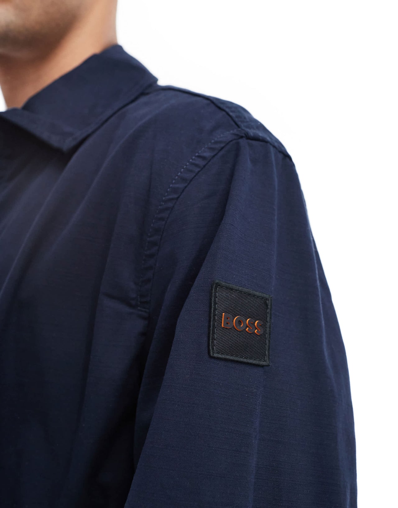 BOSS Orange Ocrush-D box logo sleeve relaxed fit cotton harrington jacket in navy