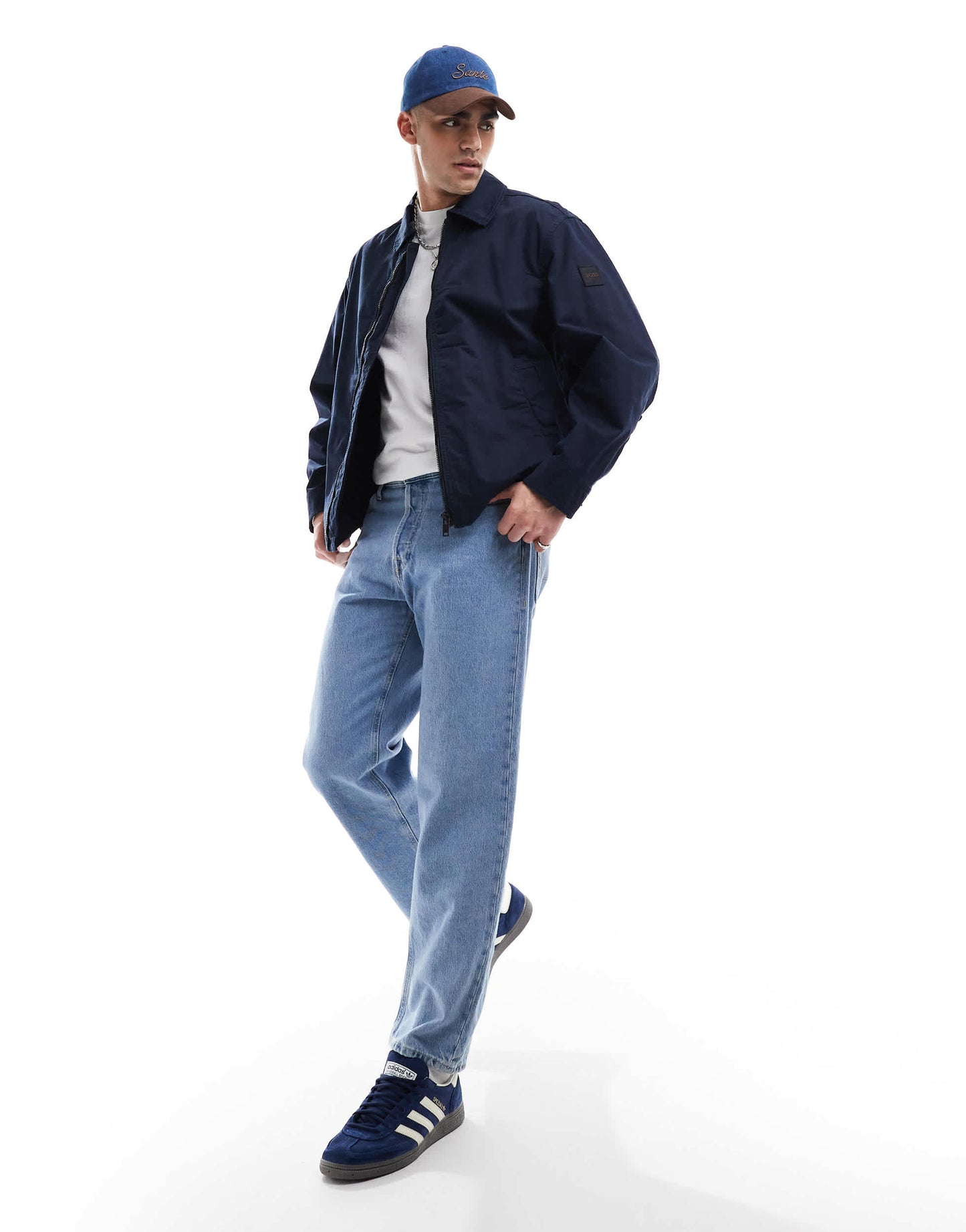 BOSS Orange Ocrush-D box logo sleeve relaxed fit cotton harrington jacket in navy