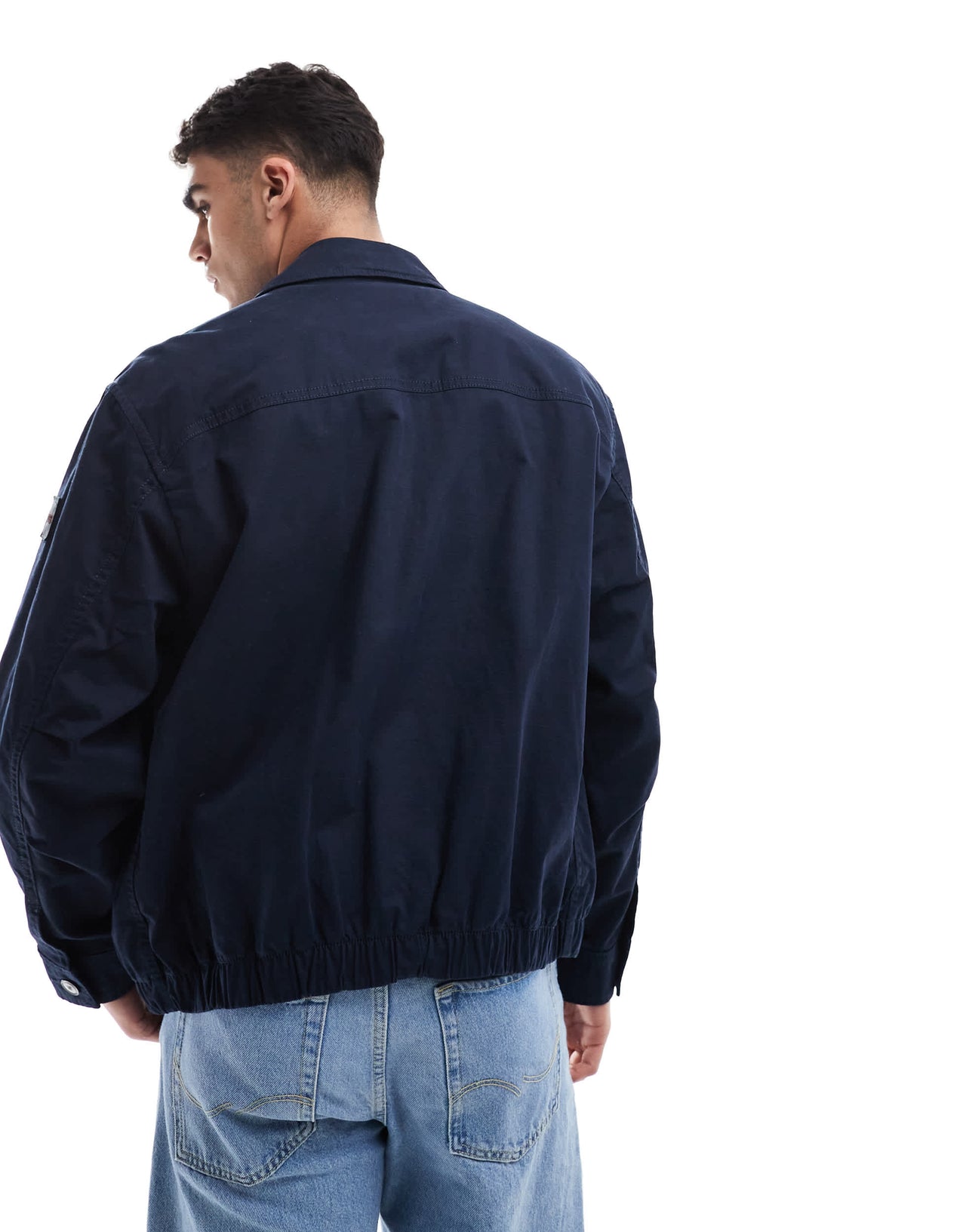 BOSS Orange Ocrush-D box logo sleeve relaxed fit cotton harrington jacket in navy