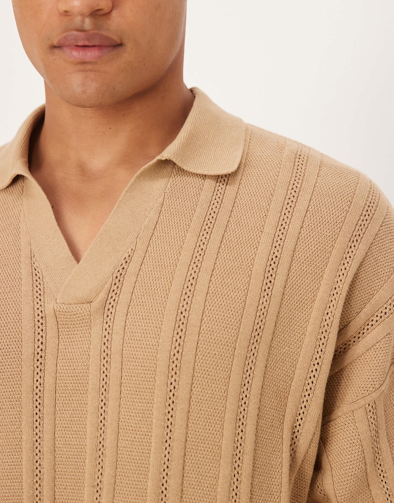 ASOS DESIGN oversized knitted rib notch neck polo in beige