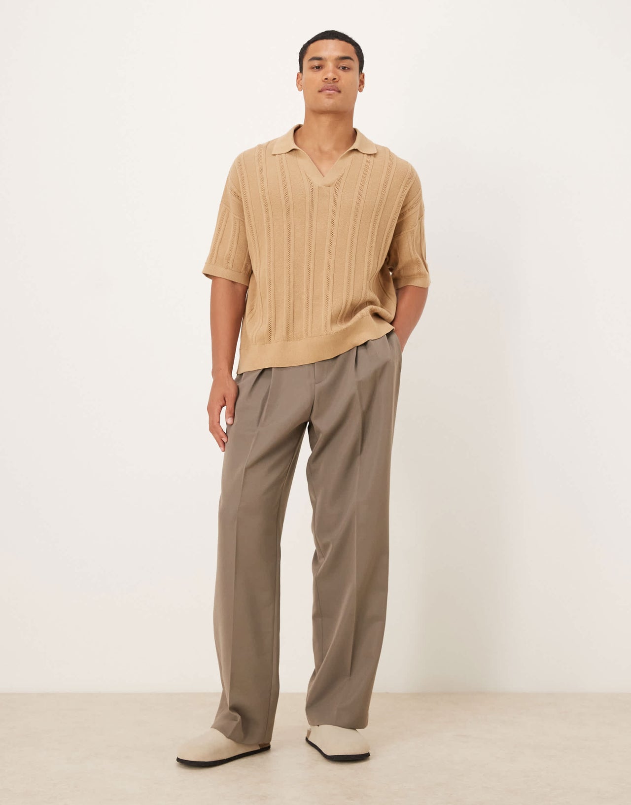 ASOS DESIGN oversized knitted rib notch neck polo in beige