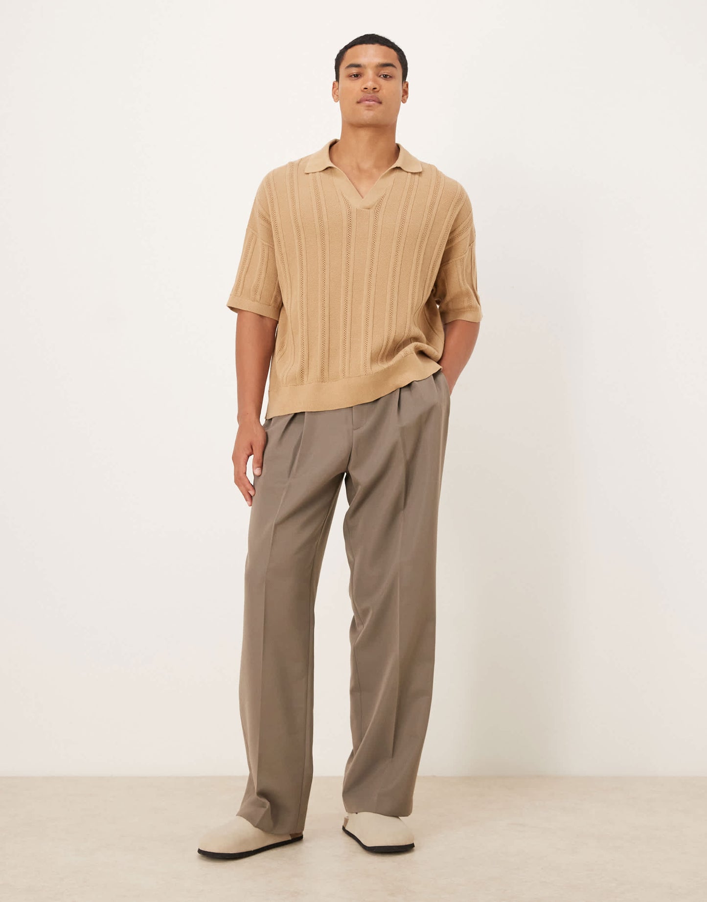 ASOS DESIGN oversized knitted rib notch neck polo in beige