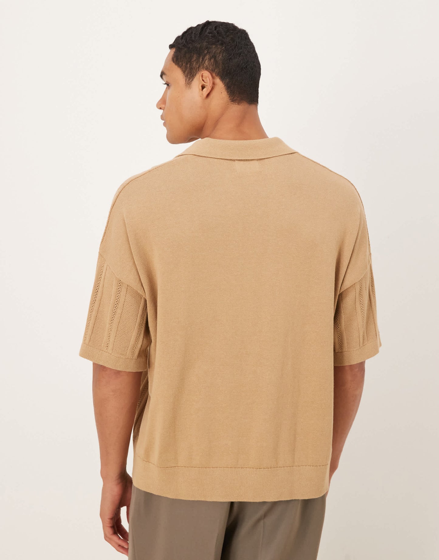 ASOS DESIGN oversized knitted rib notch neck polo in beige