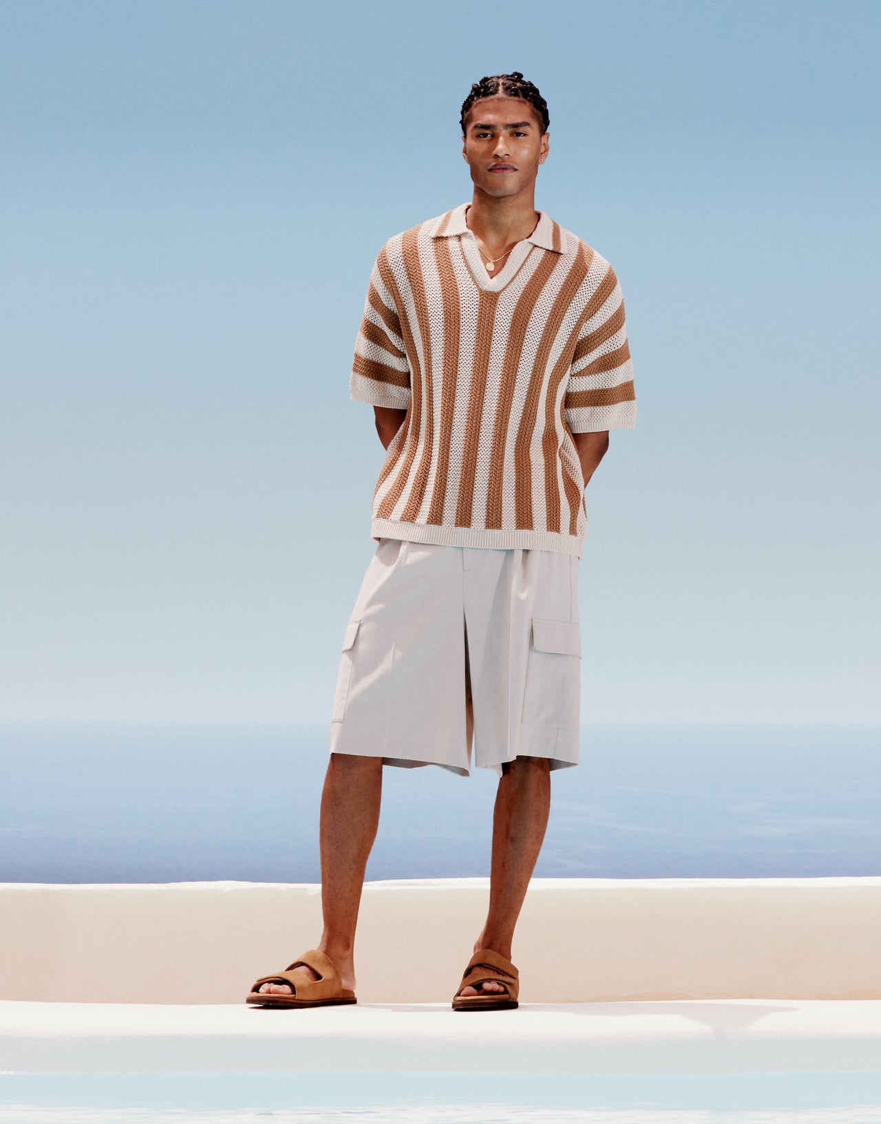 ASOS DESIGN relaxed boxy fit crochet knitted notch neck polo in tan stripe