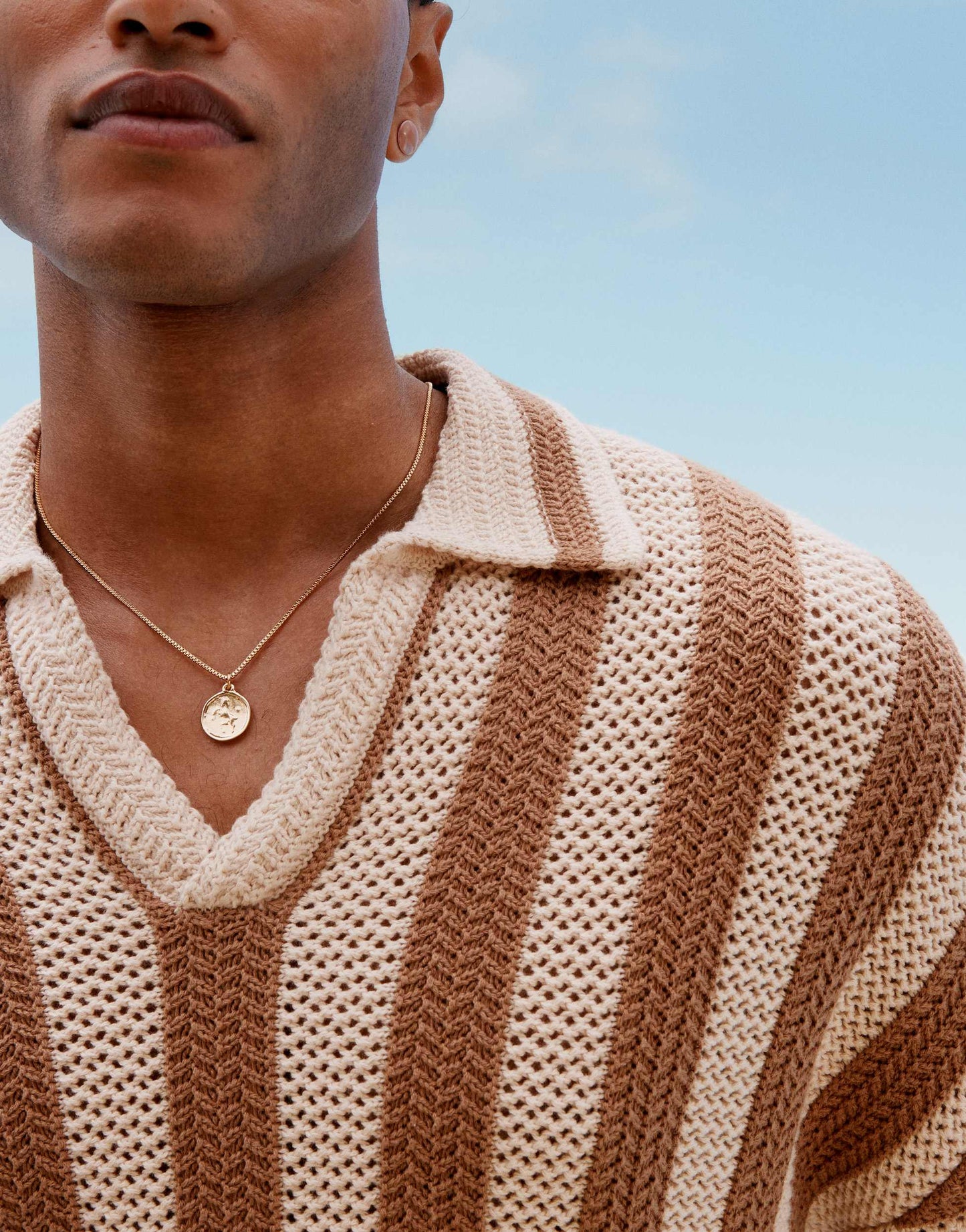 ASOS DESIGN relaxed boxy fit crochet knitted notch neck polo in tan stripe