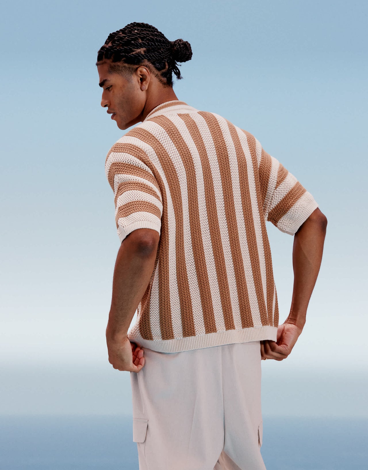 ASOS DESIGN relaxed boxy fit crochet knitted notch neck polo in tan stripe