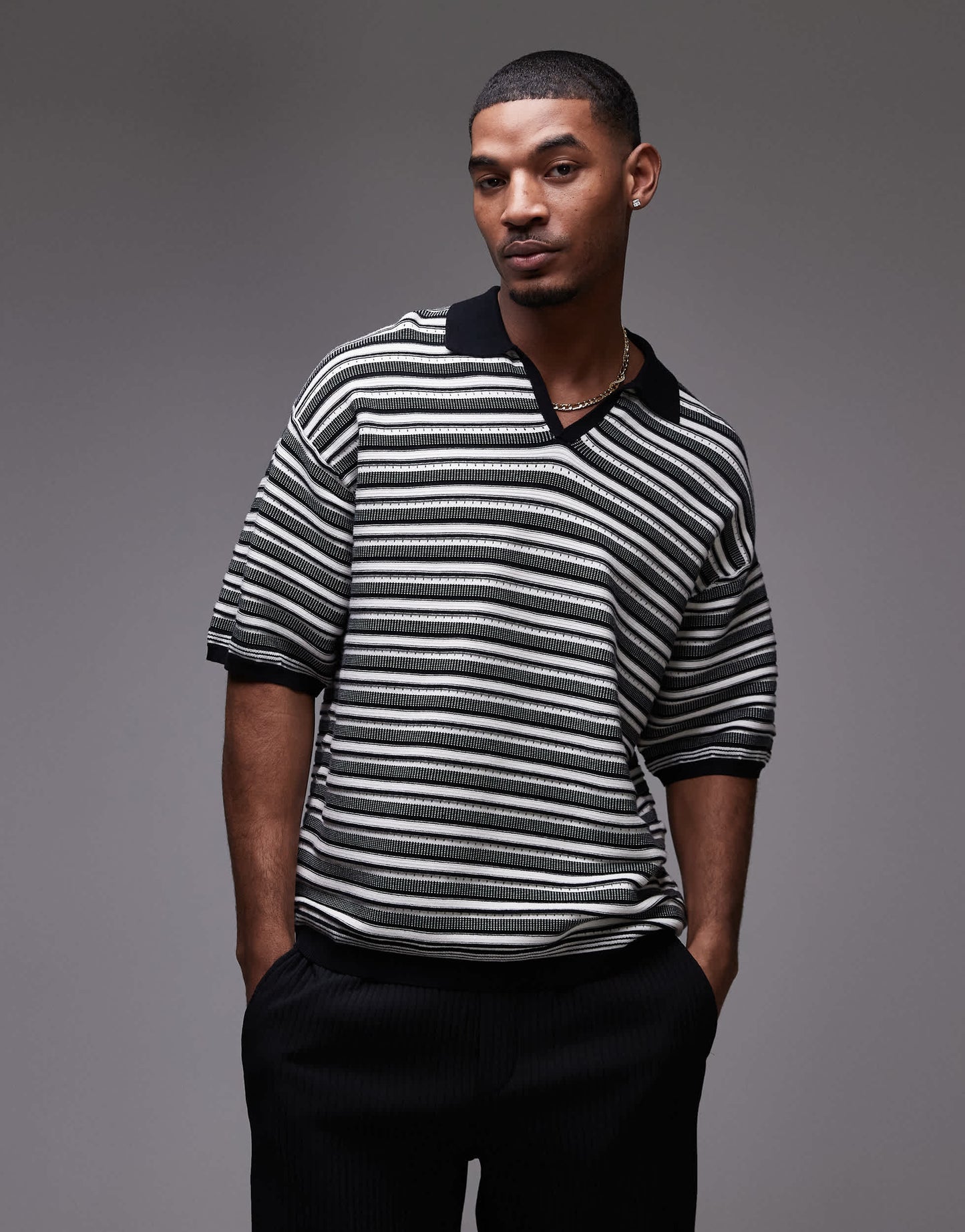 Topman knitted stripe polo in monochrome