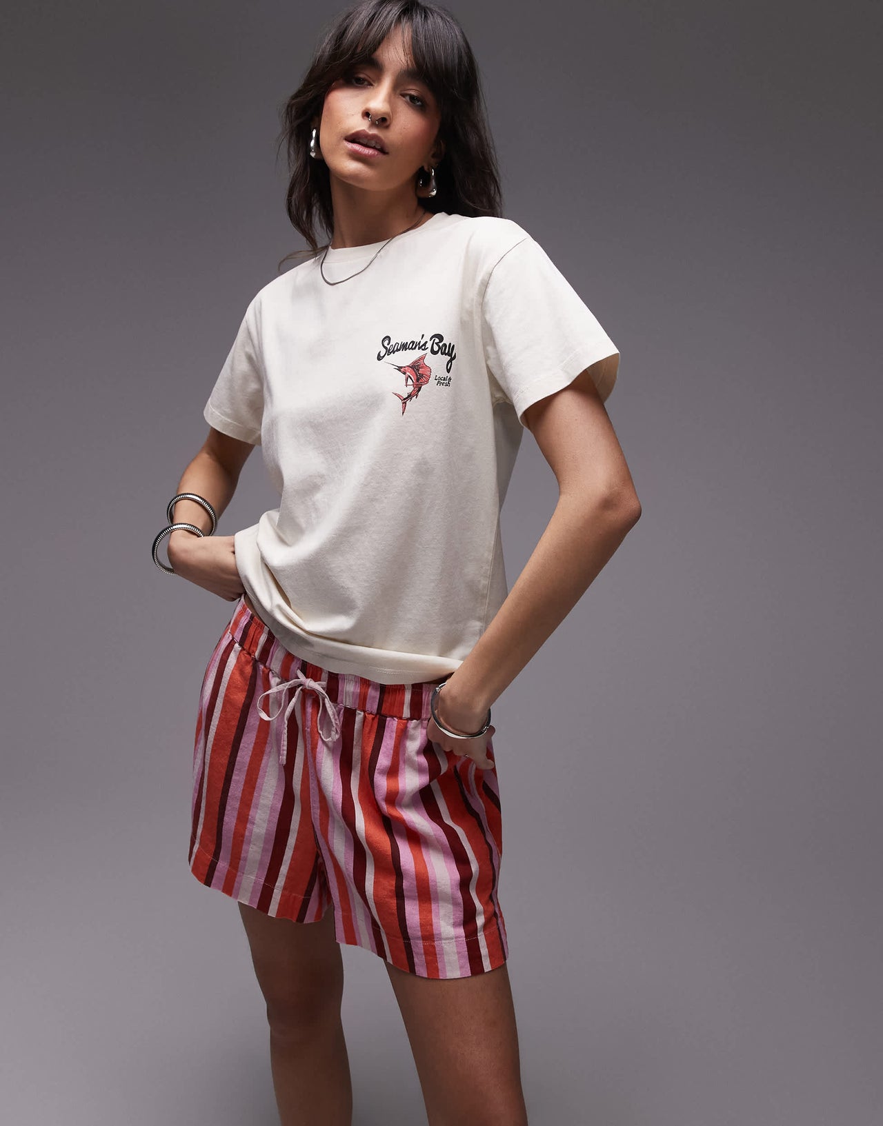 Topshop graphic Seamans Bay back print boxy tee in ecru