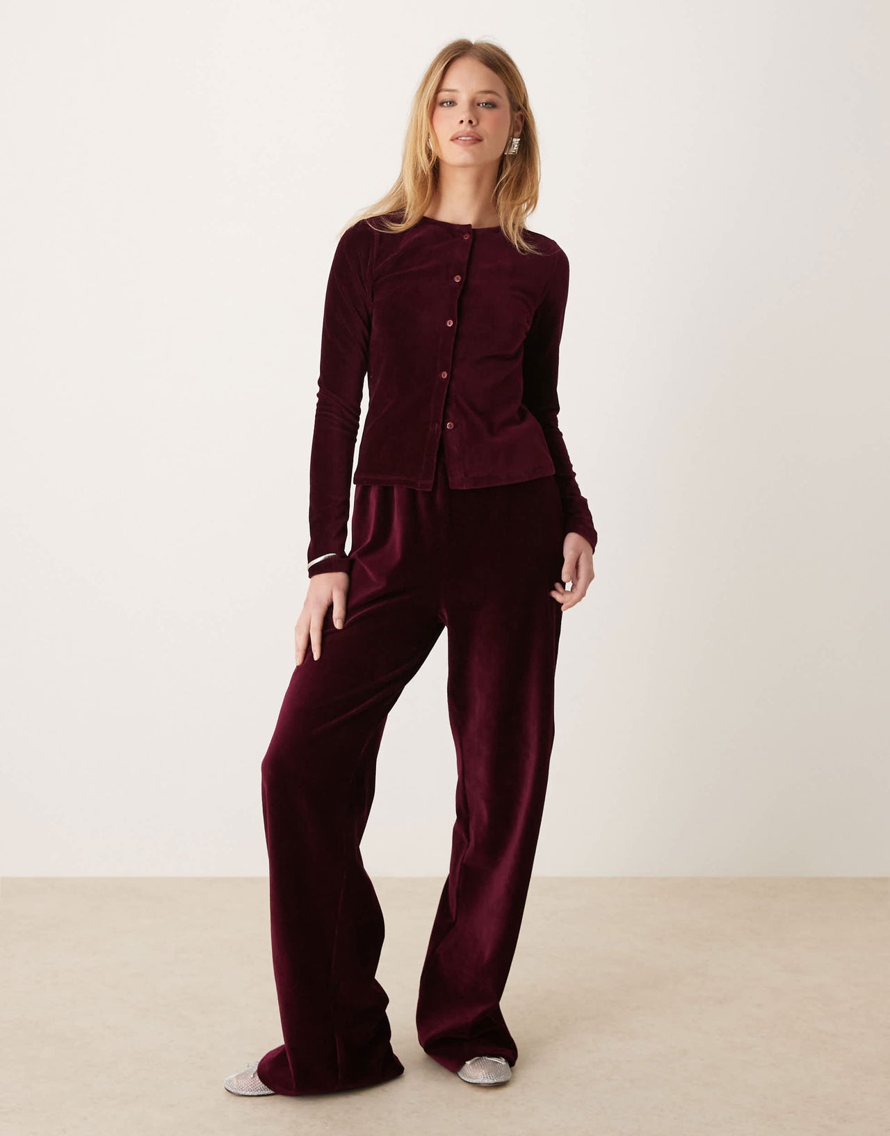 ASOS DESIGN wide leg velvet cord trousers in burgundy